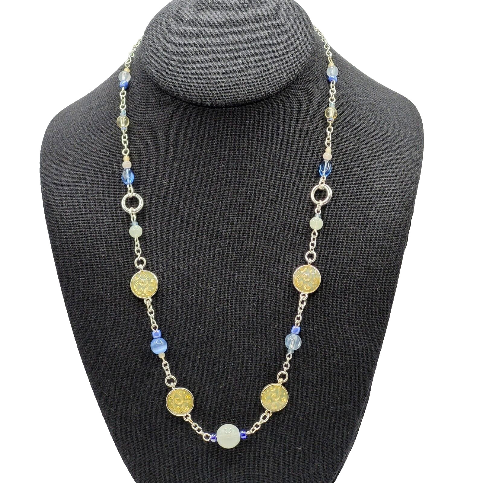 Blue & White Moonstone with Glass & Enamel Silver Tone Chain Necklace KR 24 Inch