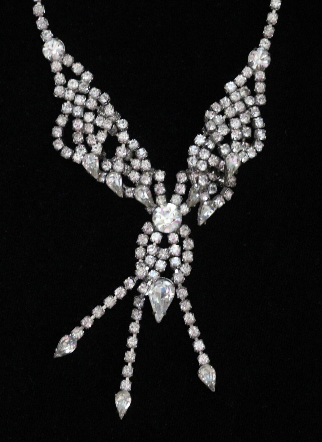 Vintage Clear Rhinestone Layered Dangling Fringe Choker Necklace 15 1/2″