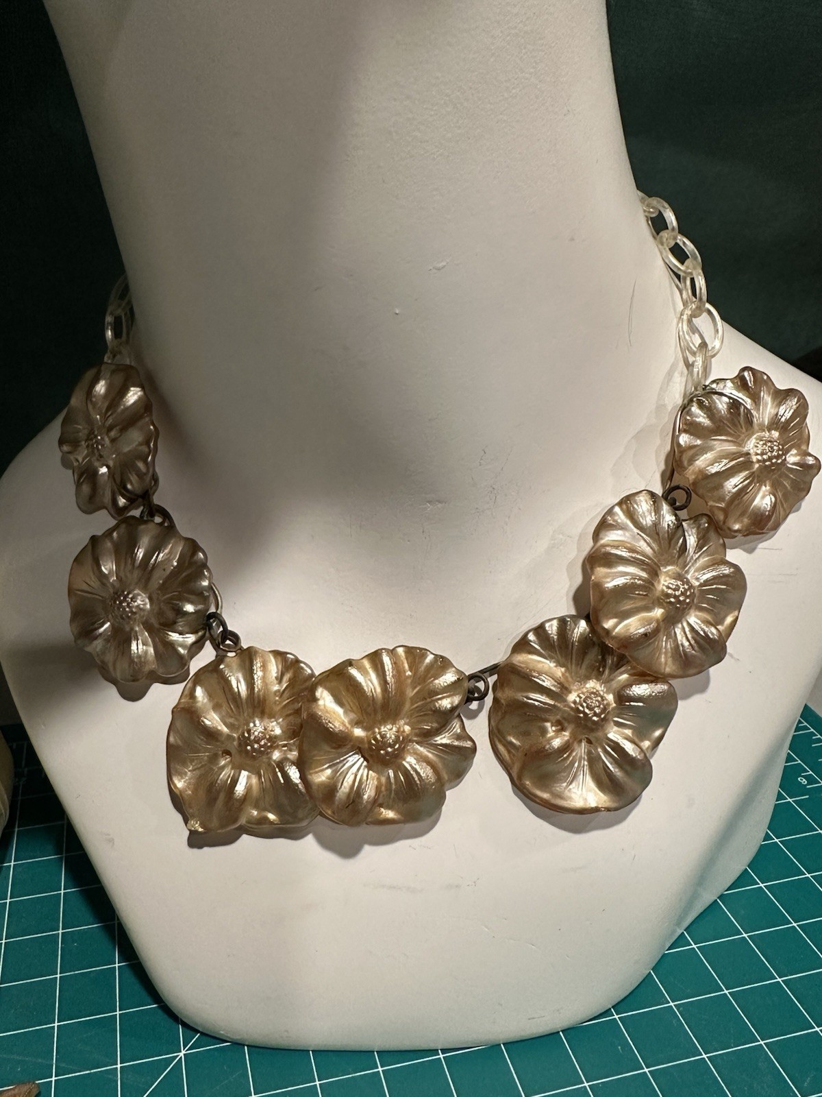 Vintage Ivory Gold Celluloid Floral Necklace 2 Brooches Pins Set Estate Jewelry