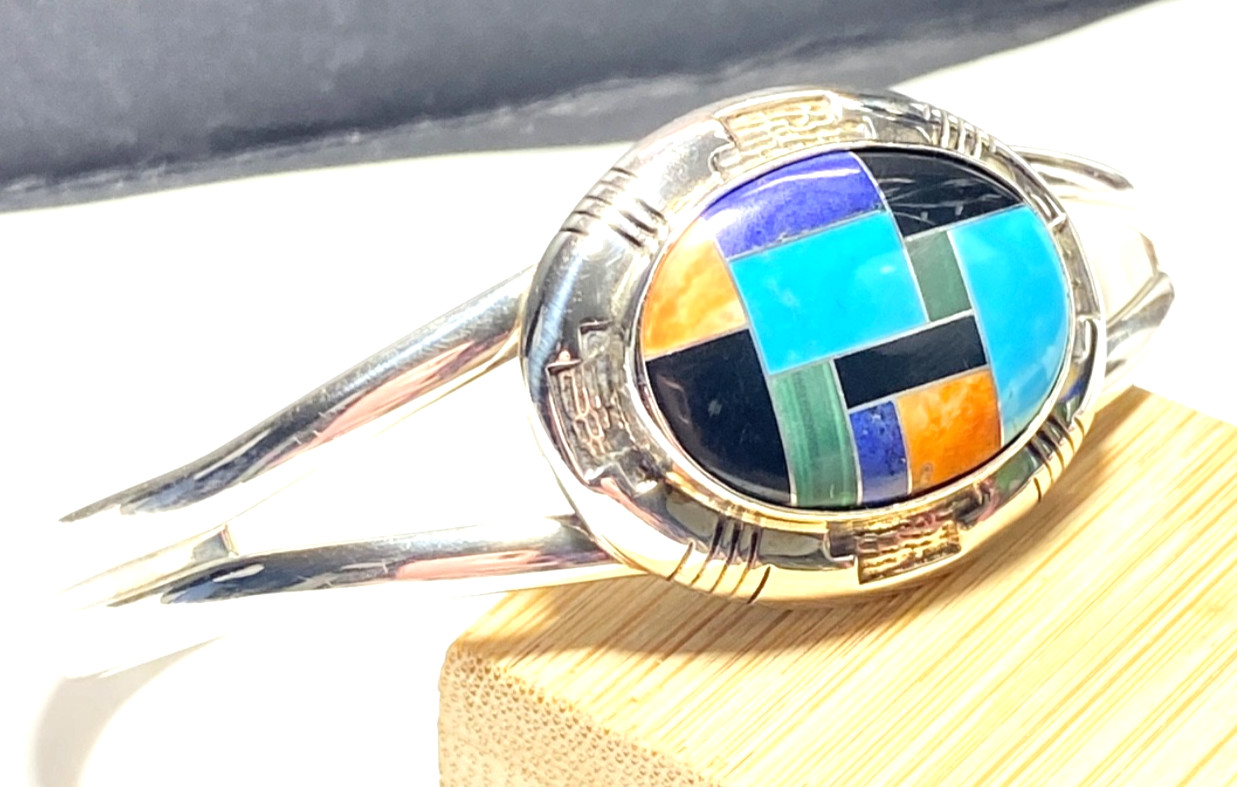 Vintage Sterling Multi-gem Inlay Carolyn Pollack Cuff Bracelet 2 1/2″ 2.5″
