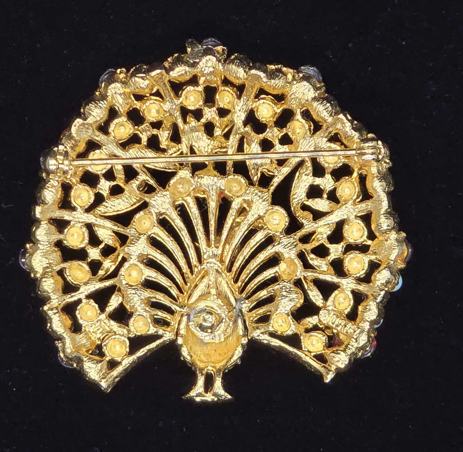 Vtg Signed Lisner Blue Purple Rhinestone Figural Peacock Gold Tone Brooch Pin