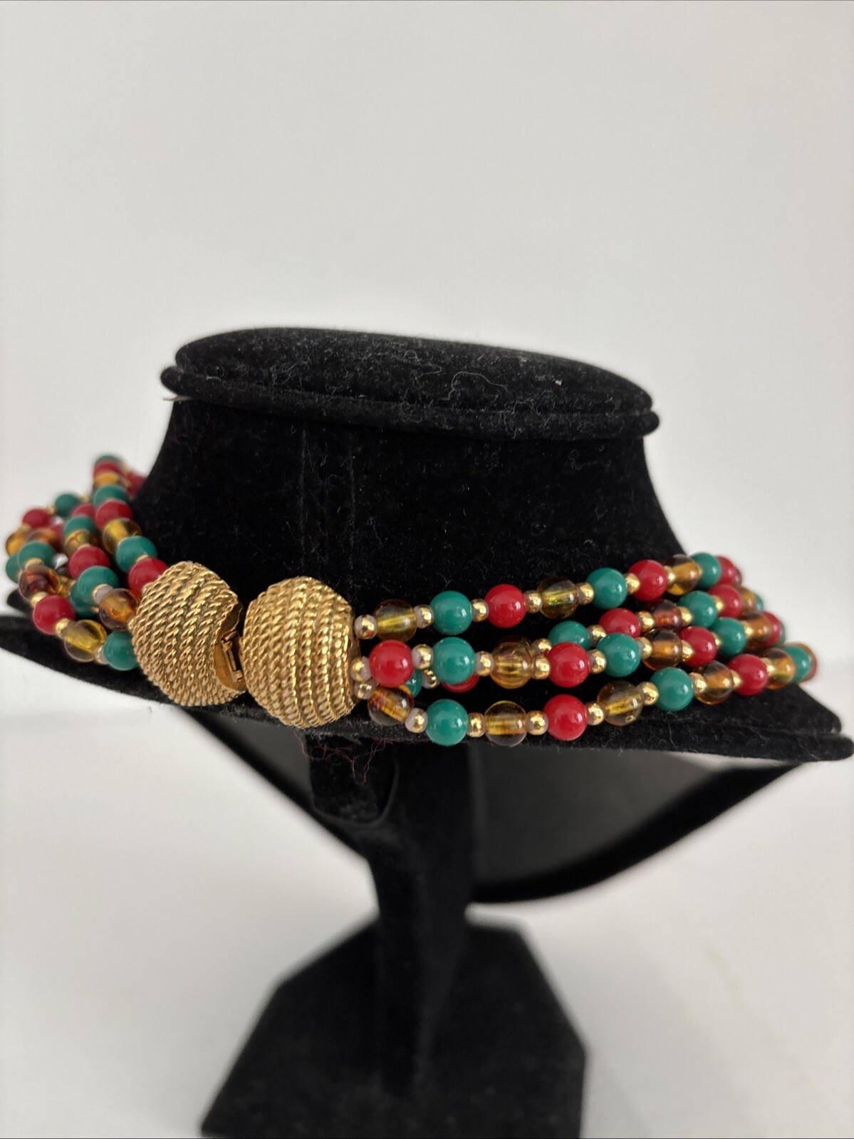 Vintage Mimi di N Beaded Necklace 1970s Designer Gold Red Green Collar