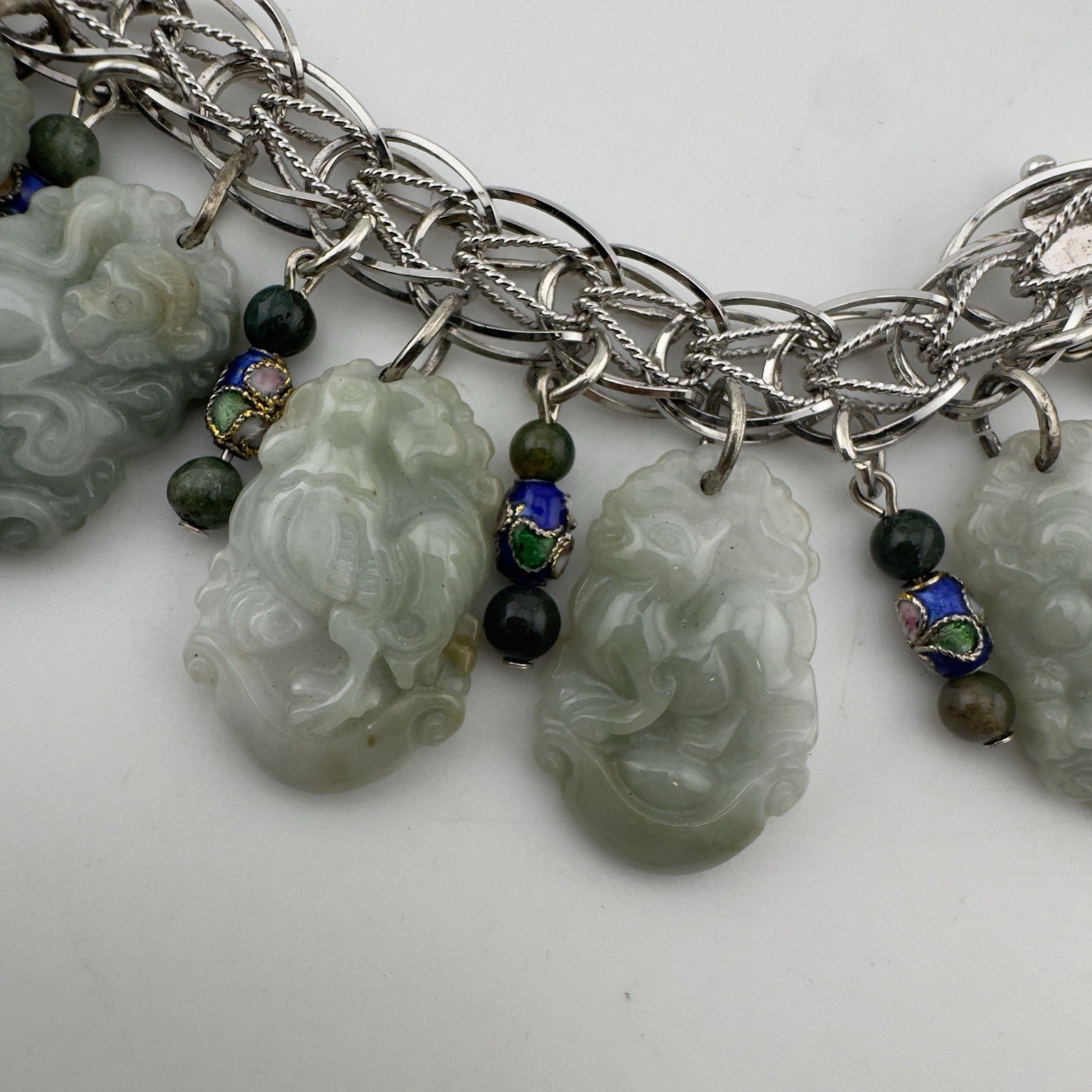 Vintage Chinese Carved Jade Bracelet Sterling Silver 12 Zodiac Animals RARE
