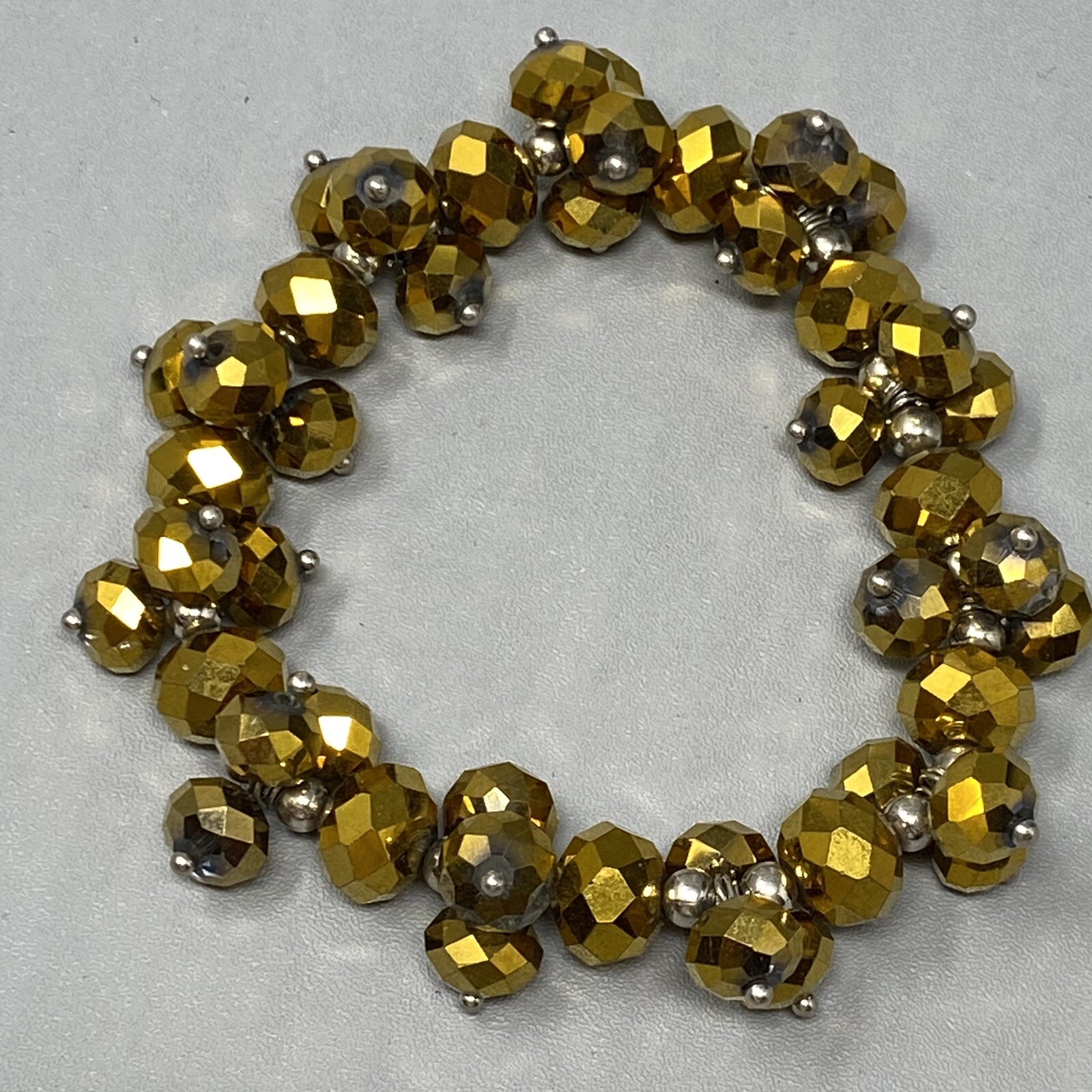 Stretch Bead Bracelet Gold Faceted Glass Cluster Fire Polished Iridescent 6.75″