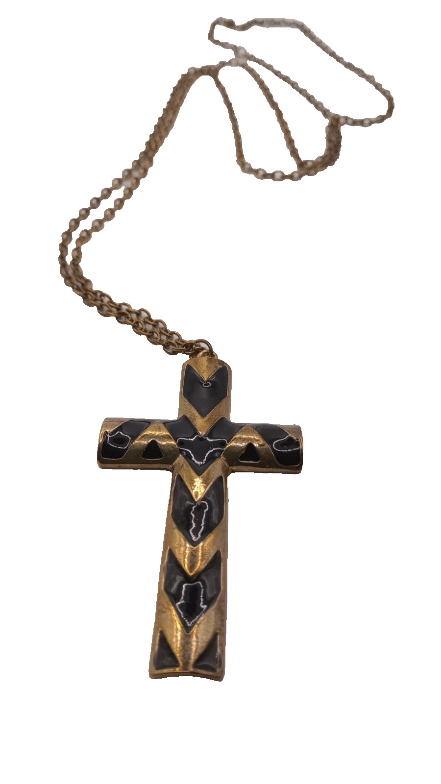 Vintage Enamel Cross Pendant Necklace Black Gold Tone 27 In