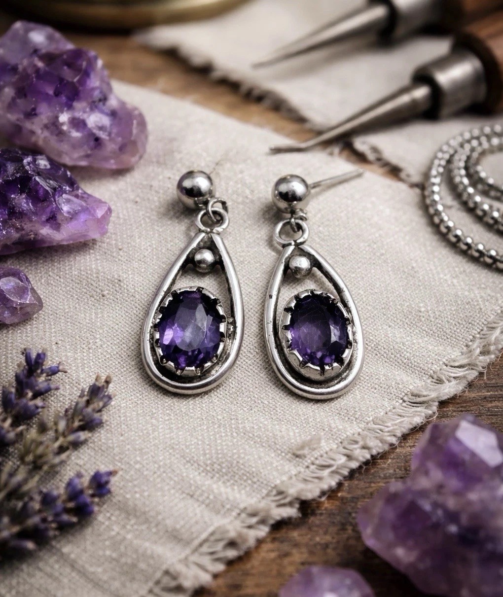 Vintage Amethyst Dangle Earrings Silver Teardrop Purple Gemstone