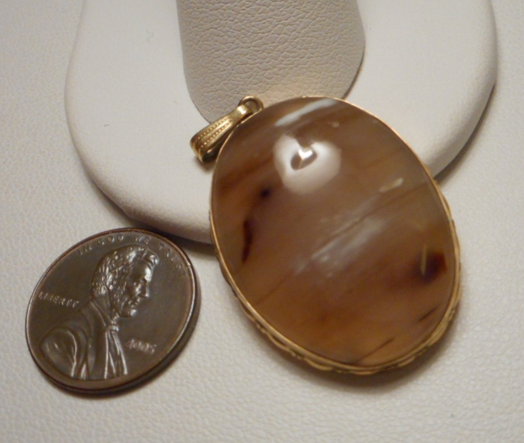 Vintage Gold-Filled Oval Pendant w Mottled Tan White Brown Agate Cabochon
