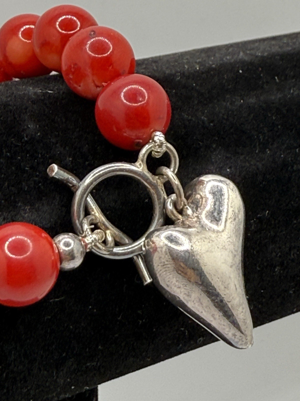 Vintage Sterling Silver Heart Bracelet Red Onyx Stones Toggle Closure 8”