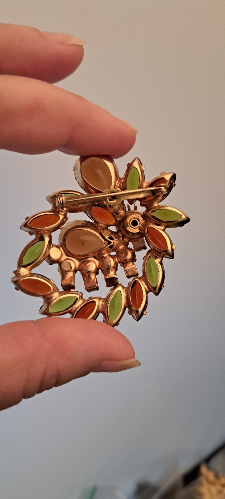 Vintage Designer? Topaz Orange Green Gold Glass Rhinestone Statement Brooch