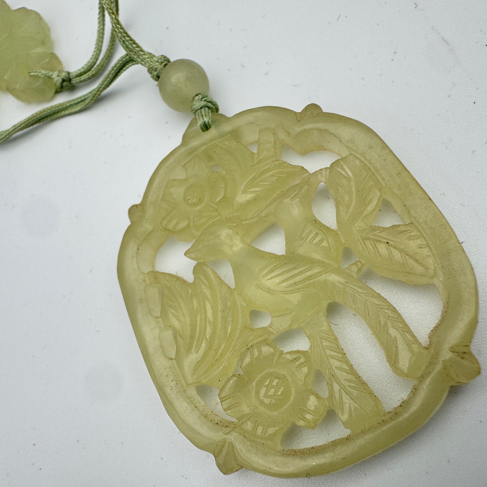 Vintage Pendant Necklace Hand Carved Celadon Jadeite Openwork Silk Roping 37g