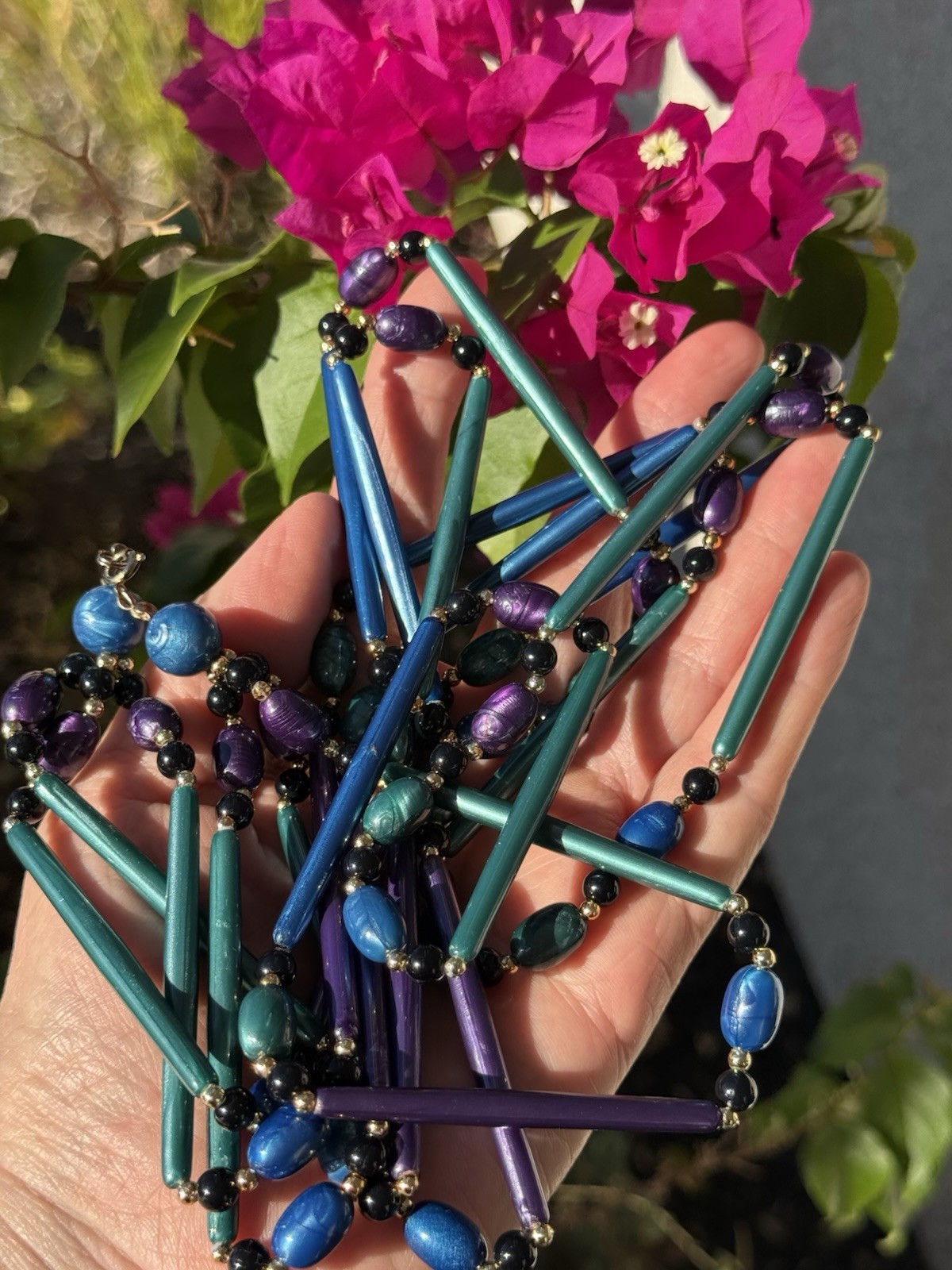 Vintage 3 Strand Purple & Teal Blue Marbelized Peacock Color Necklace 34″L