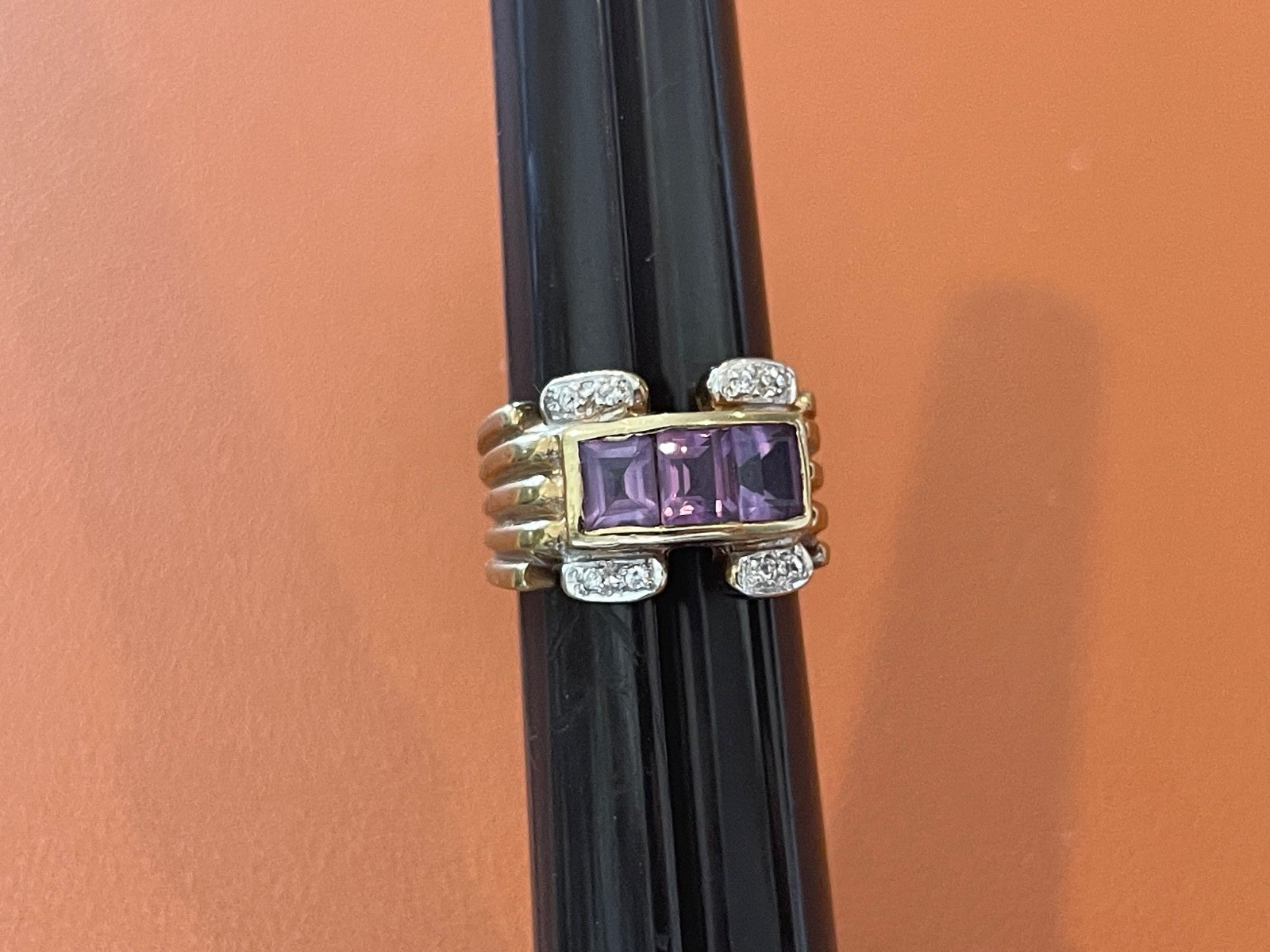 RF Sterling SIlver Ring w/ Gold Wash Purple & Clear Stones Size 6.5