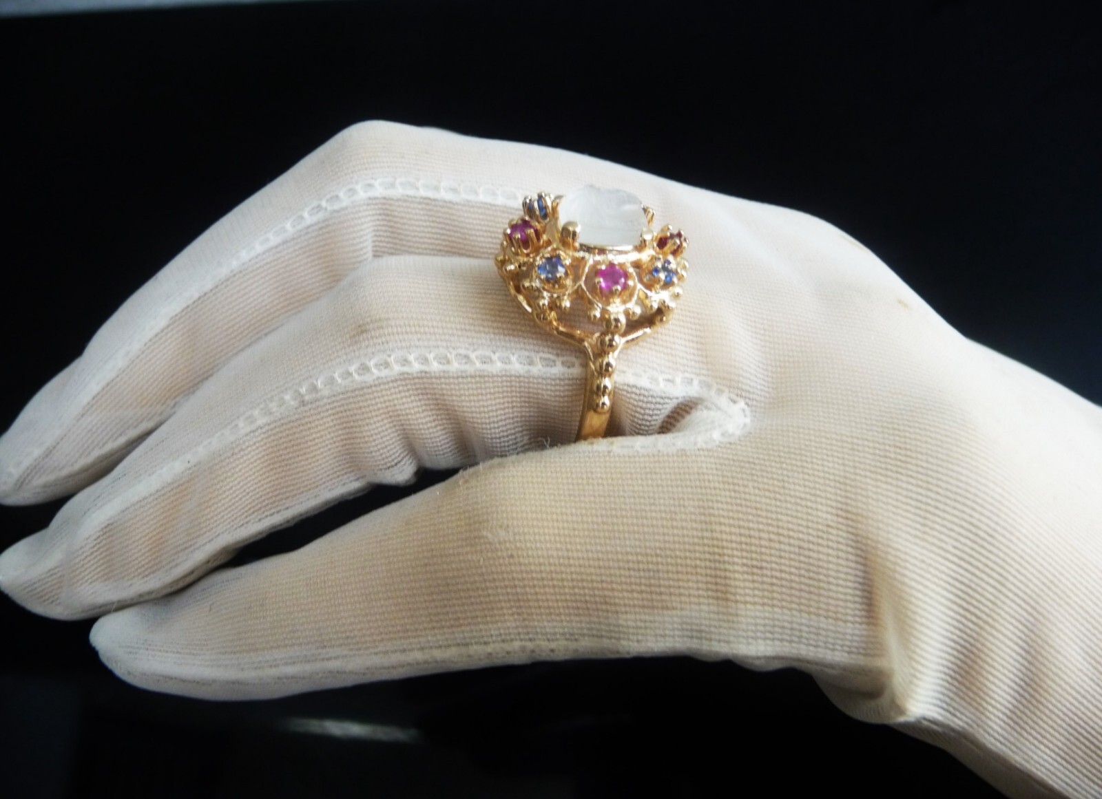 AMAZING RARE VINTAGE 14K ETRUSCAN MEDUSA MOONSTONE RUBY SAPPHIRE HALO RING!