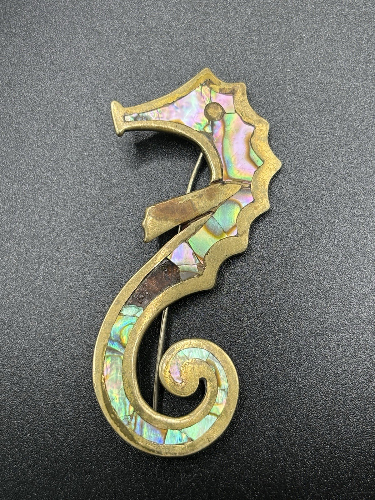 Vintage Los Castillo Taxco Brooch Seahorse Pin Inlay MOP Brass Signed 3” Read