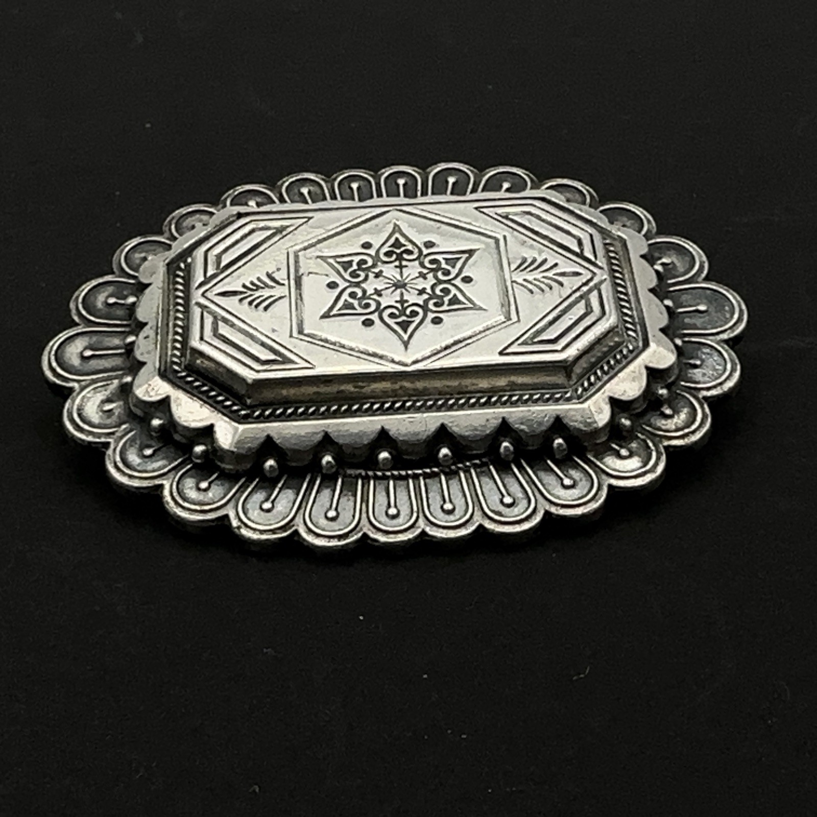VICTORIAN REVIVAL vintage brooch – layered silver-tone pin – big 2″ x 1.5″ heavy