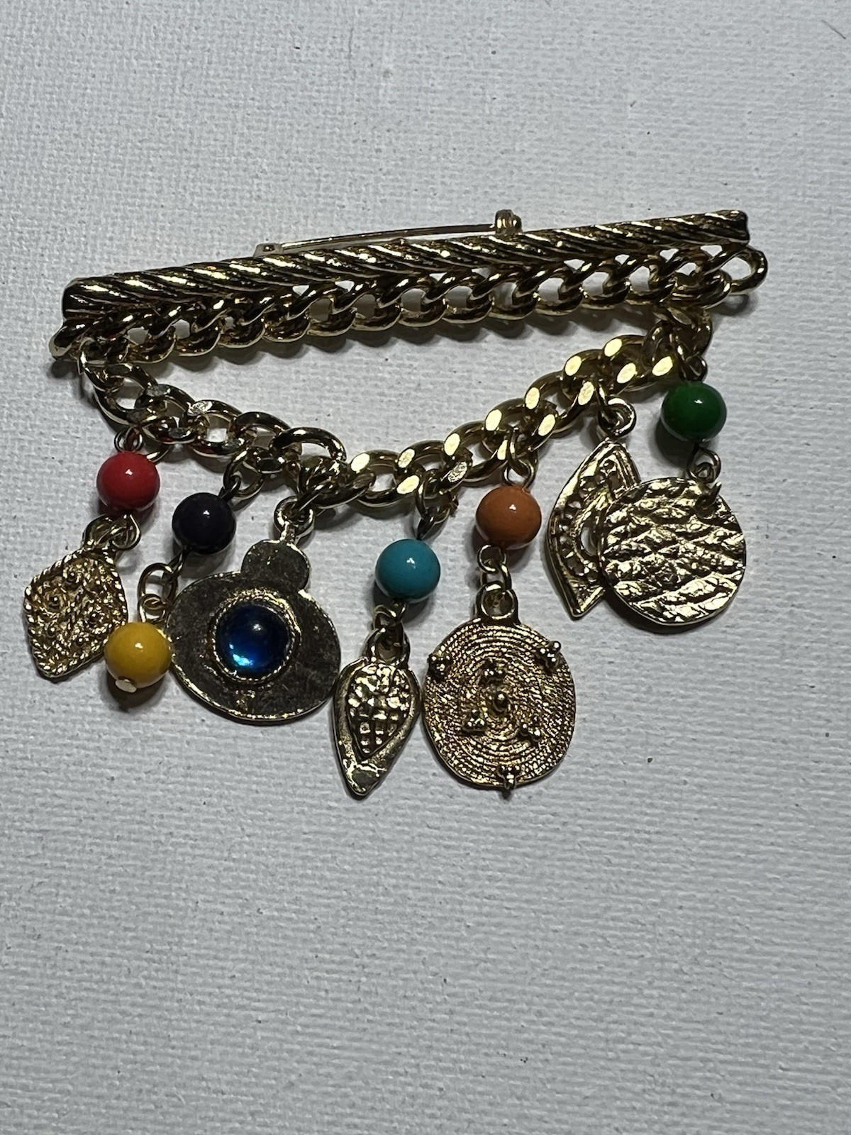 Dangle Bar Brooch Pin Gold Tone Assorted Gemstone charms Retro Vintage beaded