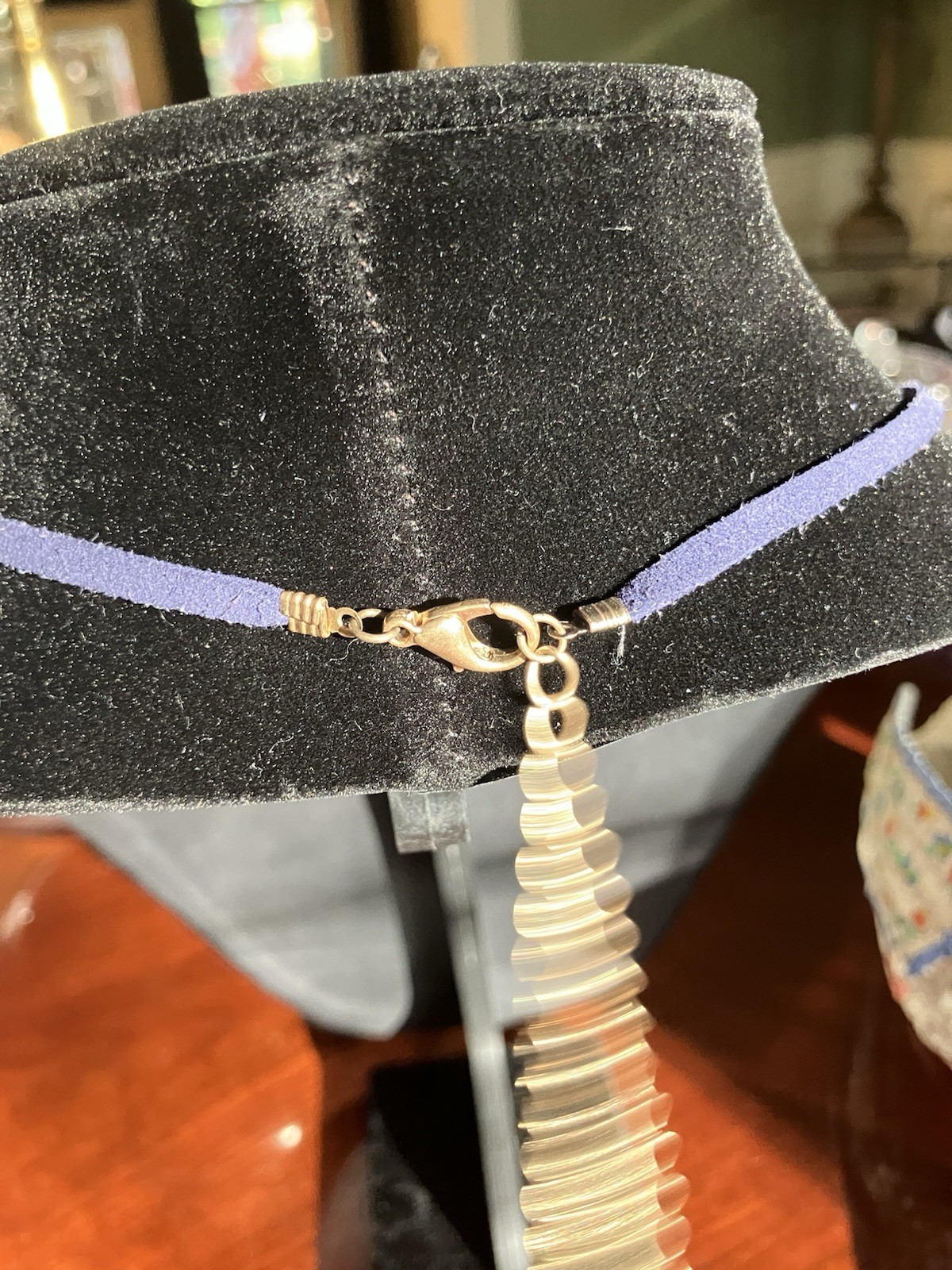 Bohemian Style Necklace Brass Toned Metal, Blue Leather, Drop Beads