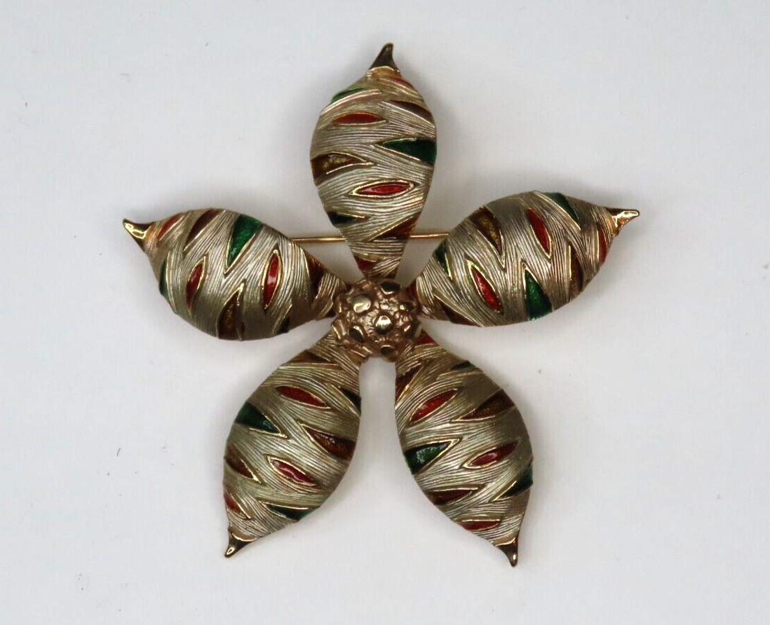 Gold-tone Flower Brooch with Red Green Brown Enamel Spots 2.5″ Pin