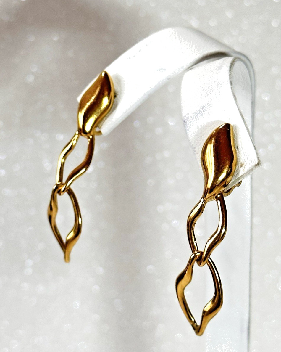 Crown TRIFARI Vintage Shiny Gold Tone Double Open Link Drop Dangle Earrings