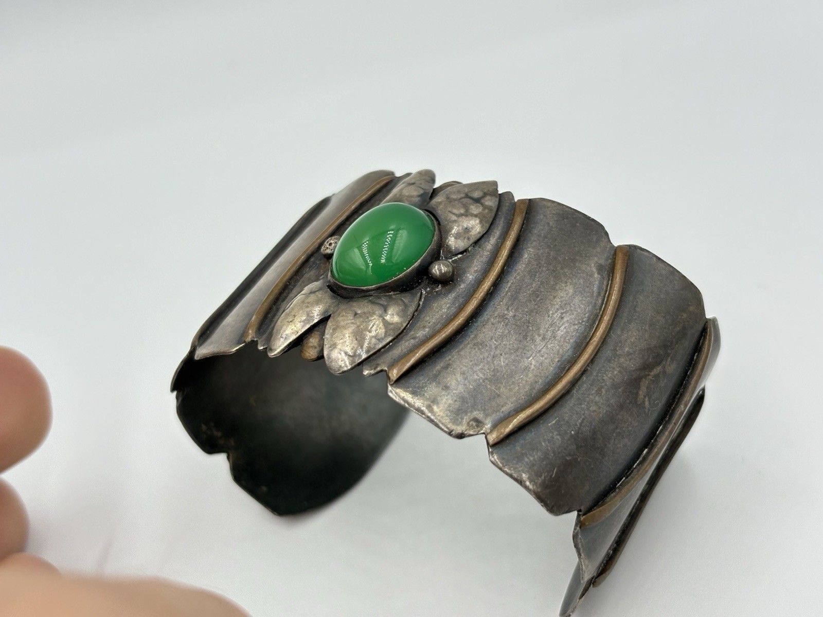 Antique Arts & Crafts Sterling Silver Mixed Metal Green Chalcedony Cuff Bracelet