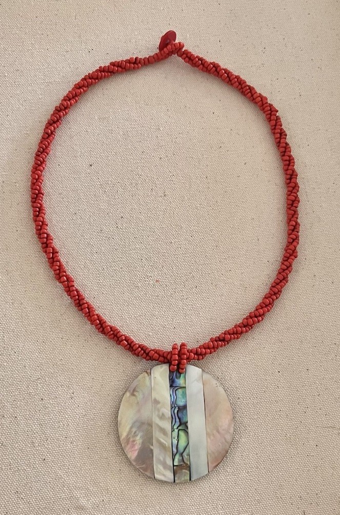 Vintage Abalone Shell Coral Seed Beaded Twist Pendant Disc Statement Necklace