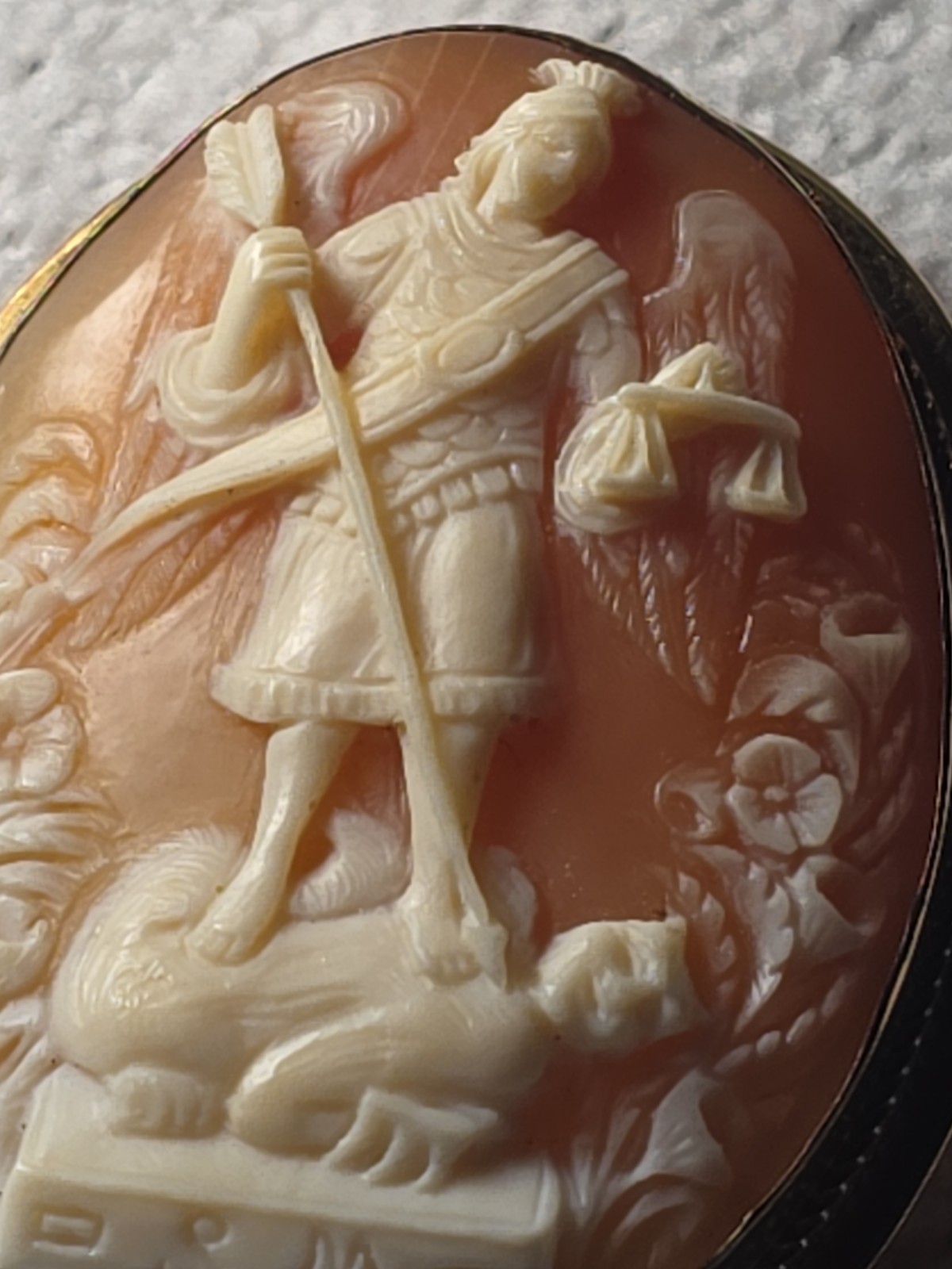 Vintage St. Michael Archangel Cameo Brooch 10k GF Signed S.M. in AMCO Setting