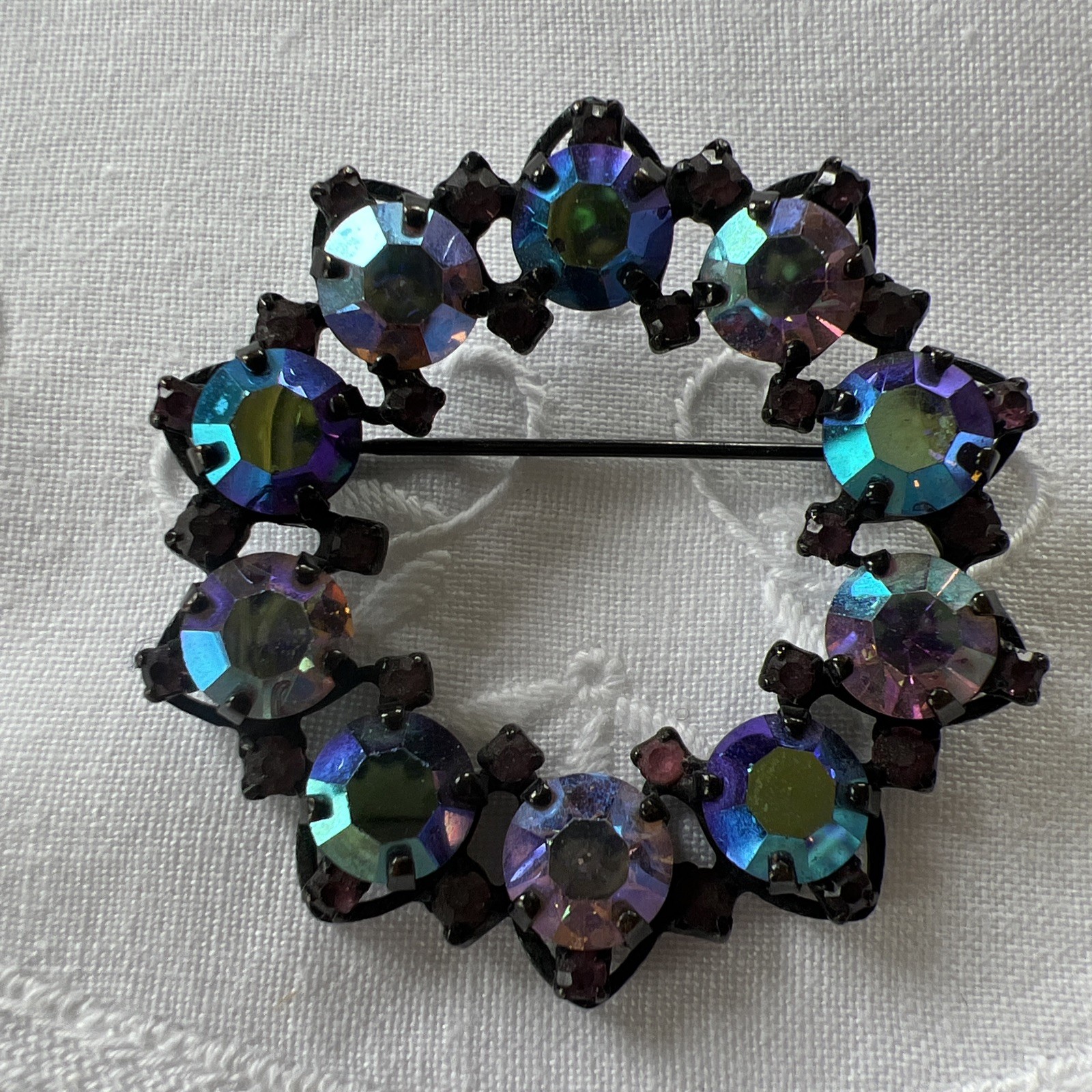 Vintage Joseph Warner Signed Pinks & Purples AB Rhinestone Brooch 2” Rd