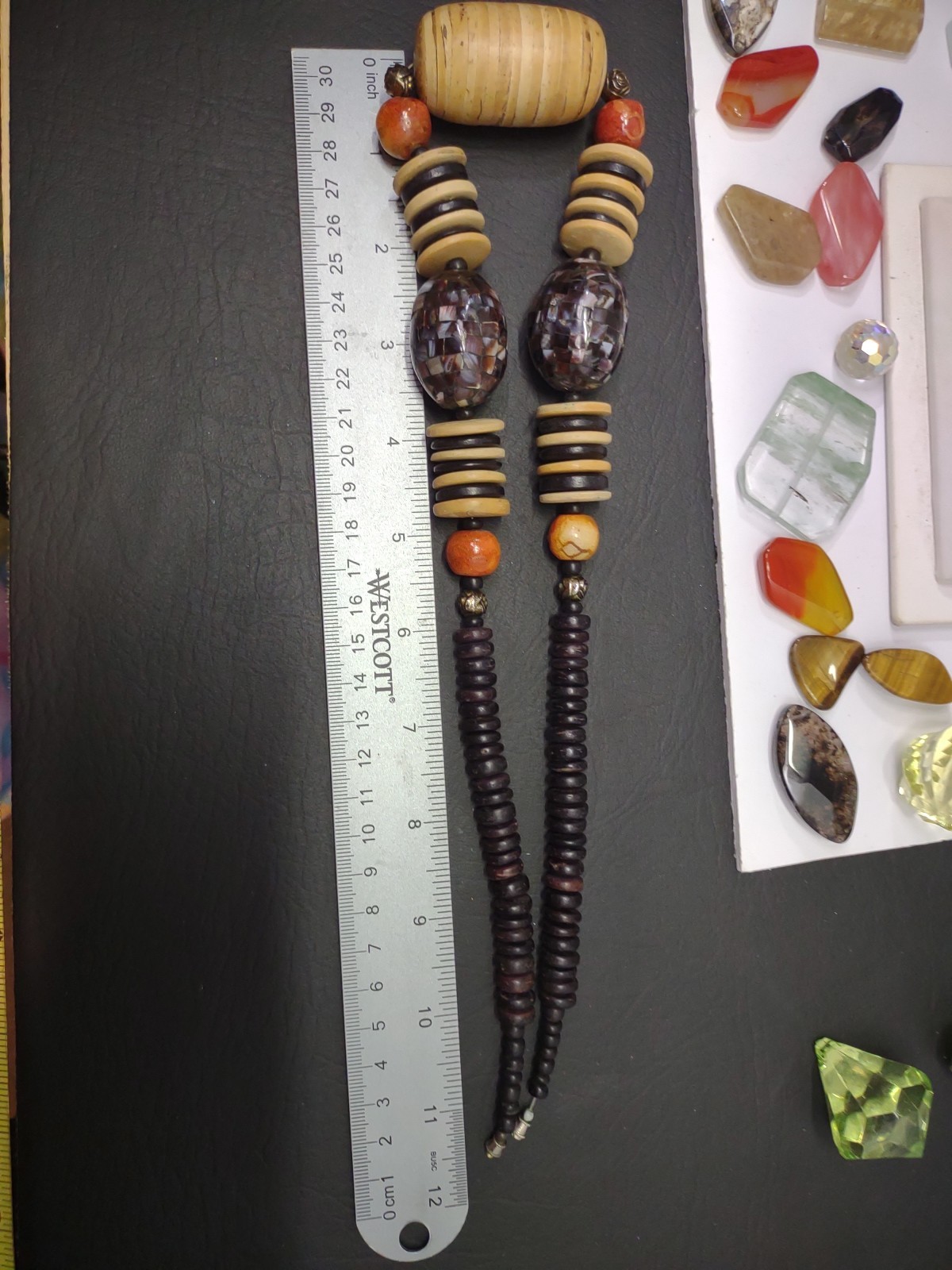 Vgt NEEDS REPAIR Boho Chunky Wooden Inlaid Abalone Shell Mosaic Beaded Necklace