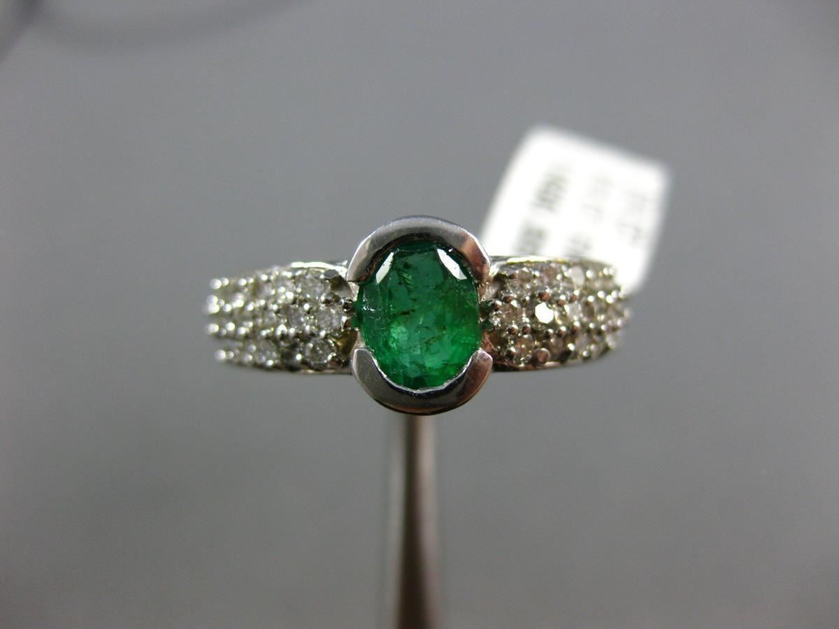 ESTATE 1.53CT DIAMOND & EMERALD 14KT WHITE GOLD OVAL SEMI BEZEL ENGAGEMENT RING