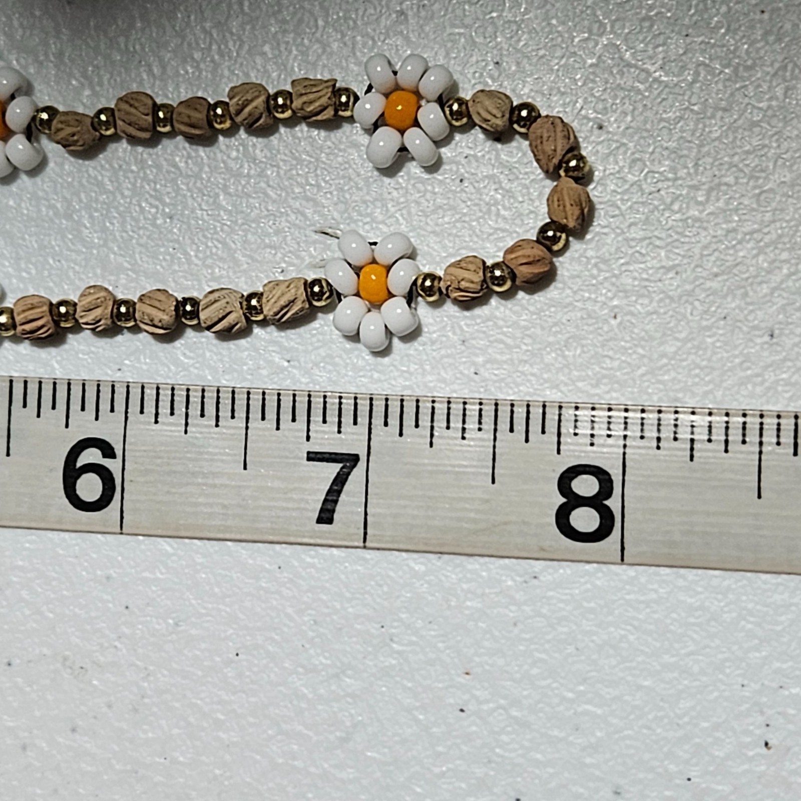 Handcrafted Retro Daisy Beaded Necklace Wood Metallic Beads 60s 70s Fashion