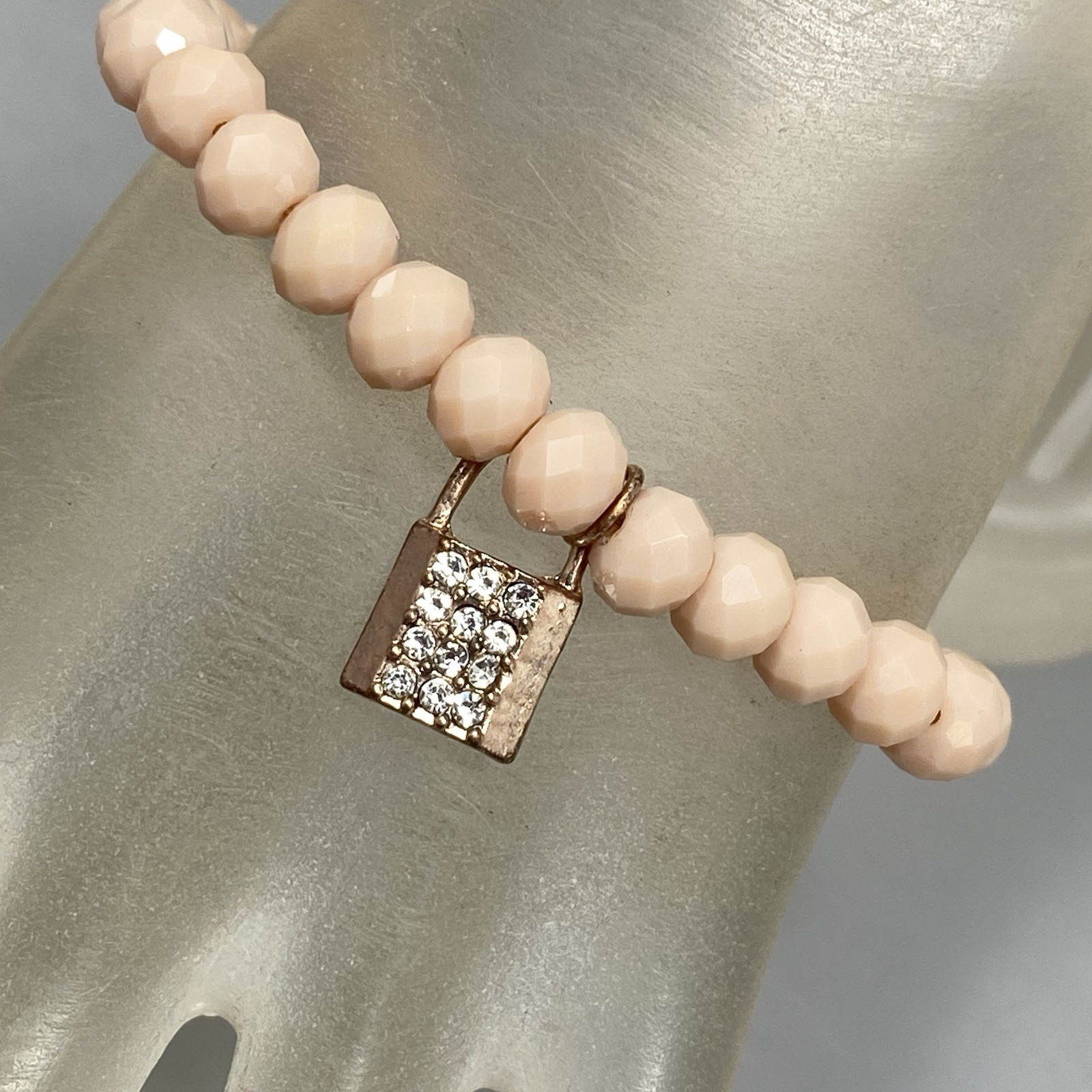 Glass Bead Charm Bracelet Stretch Peach Pink Faceted Padlock Charm Rhinestones 7