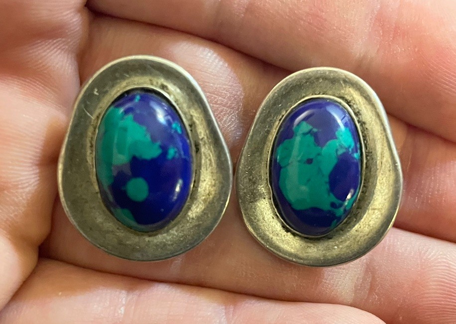 Vintage Sterling Azurite Heavy Clip On Earrings Mexico 925 TH-97 *See Pics/Notes