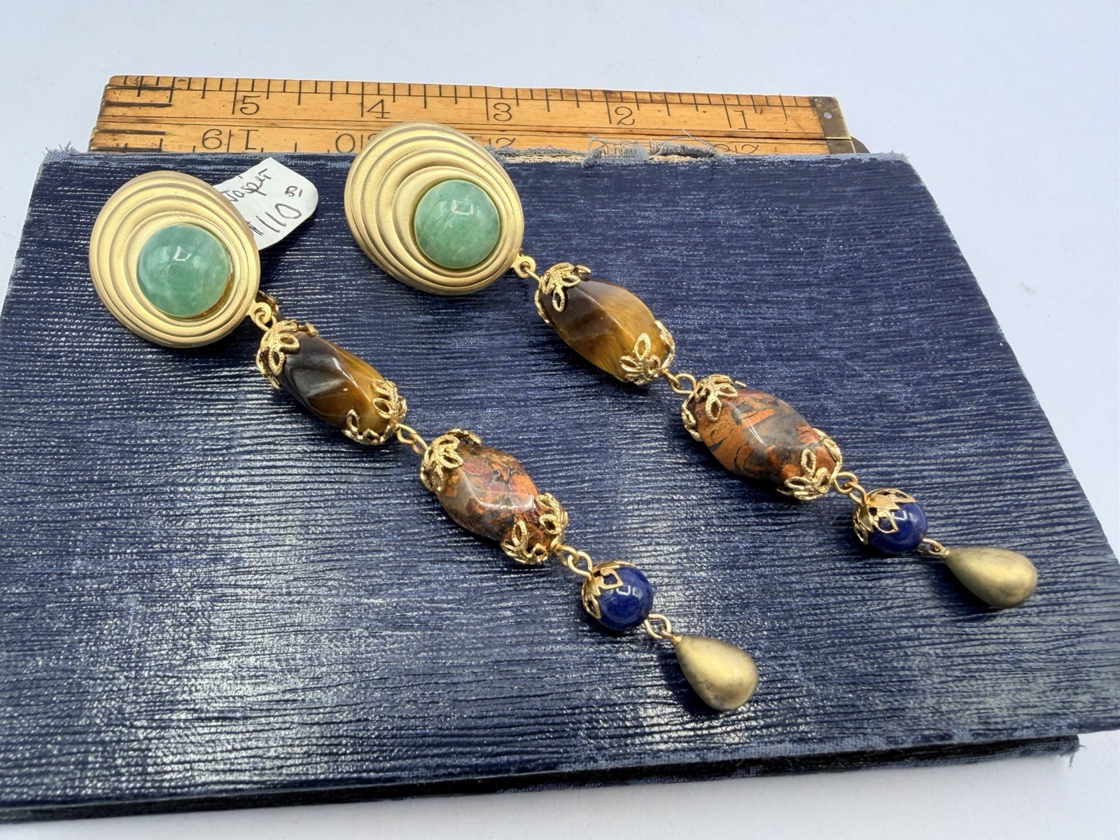 Vintage Gold Green Red Brown Long Gemstone Bead Dangle Earrings RO-DO NOS PY