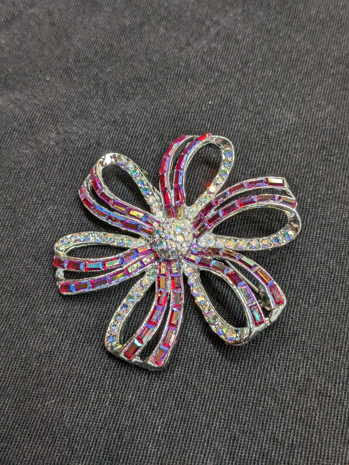 Vtg Flower Brooch Red Baguette Rhinestone AB Crystal Silver Tone Starburst Pin