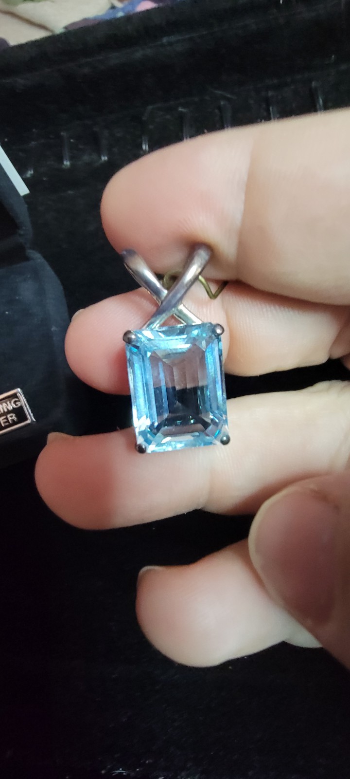 Vintage Sterling Silver Blue Topaz CZ Pendant Emerald Cut Statement Slide Enhanc