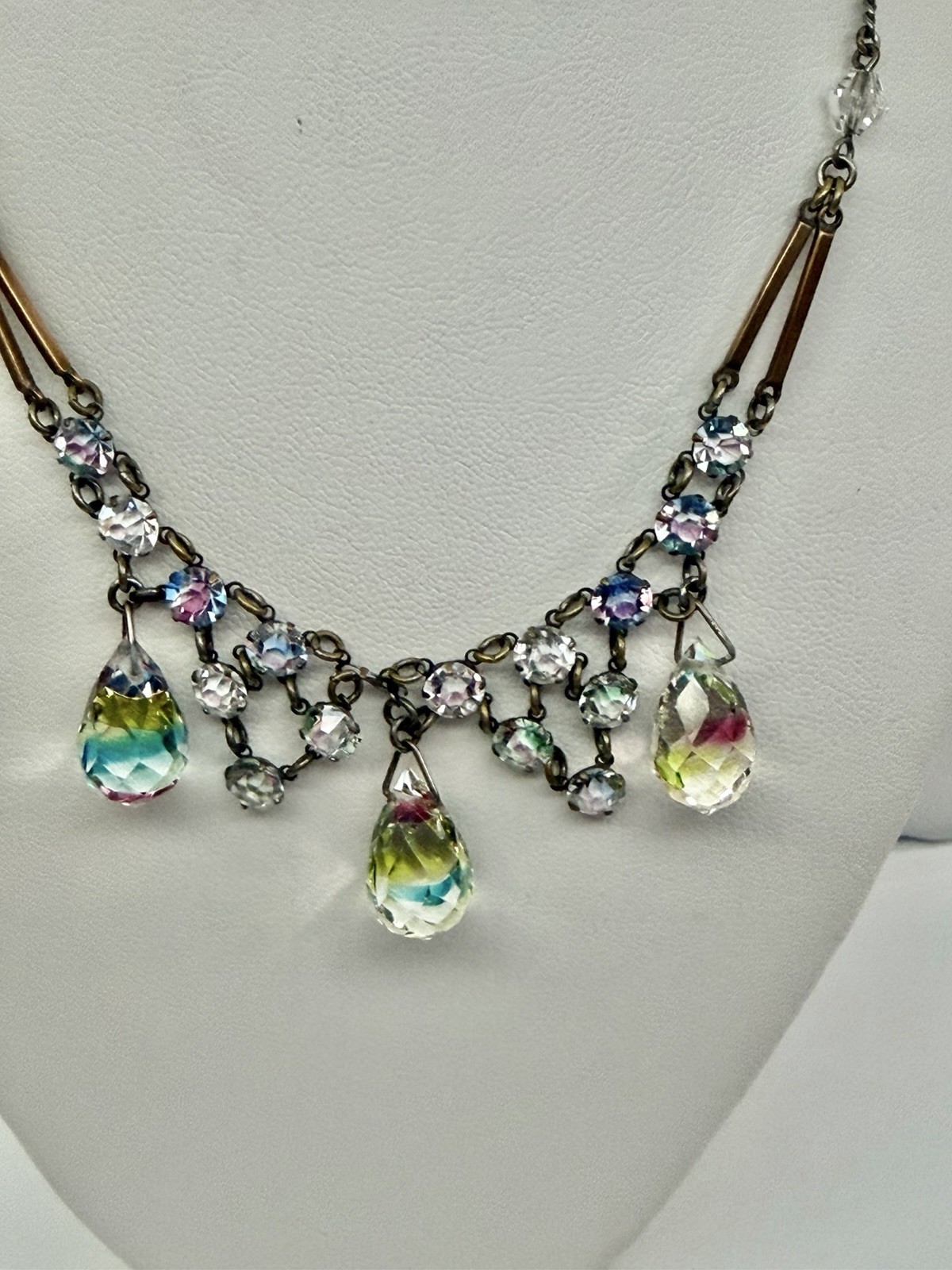 Art Deco Rainbow Iris Arc Crystal & 3 Briolettes Festoon Pendant Necklace 18”