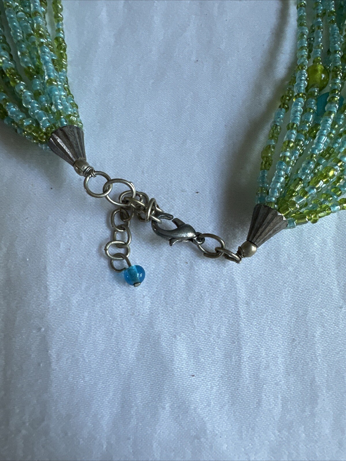 Vintage Seed Bead Multi Strand Wrap Statement Necklace Green, Blue, 22