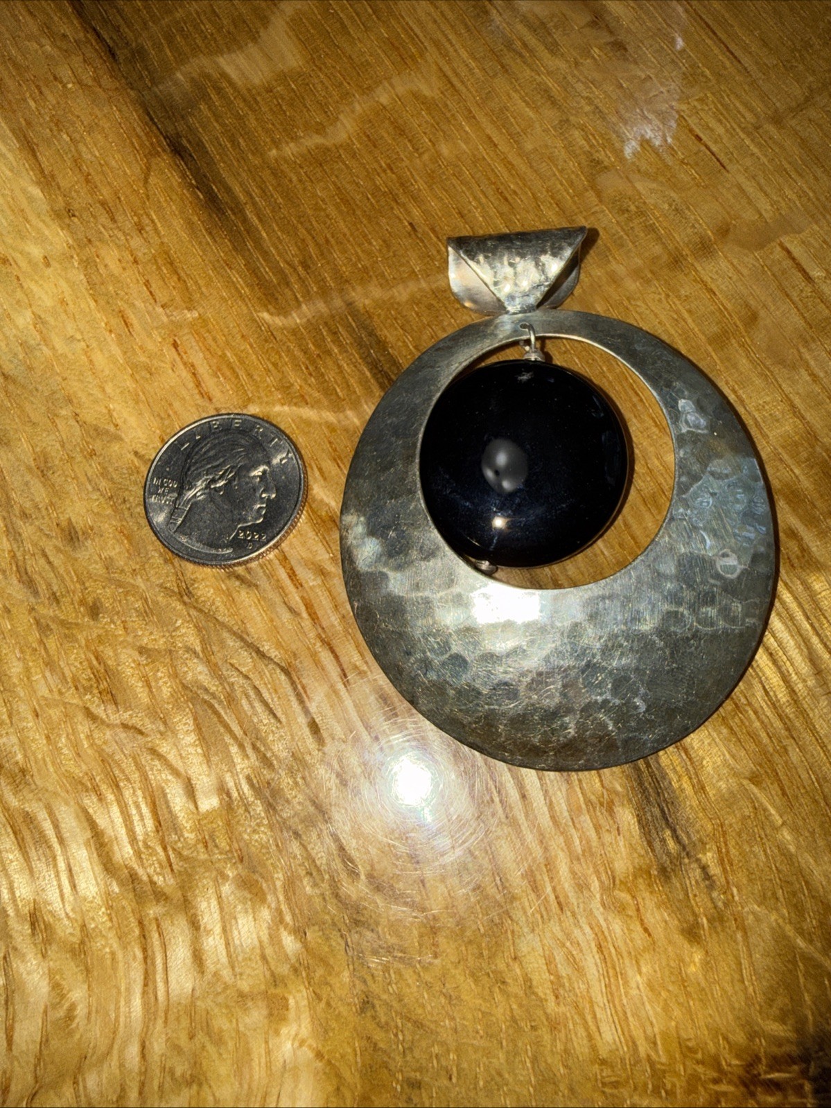 Large Dominique Dinouart 925 Silver Pendant Hammered Onyx Dangle Accent Vintage