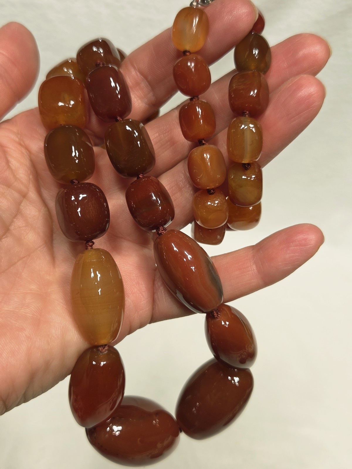 Vintage Carnelian & Banded Agate Hand-knotted Necklace – Sterling Silver Clasp