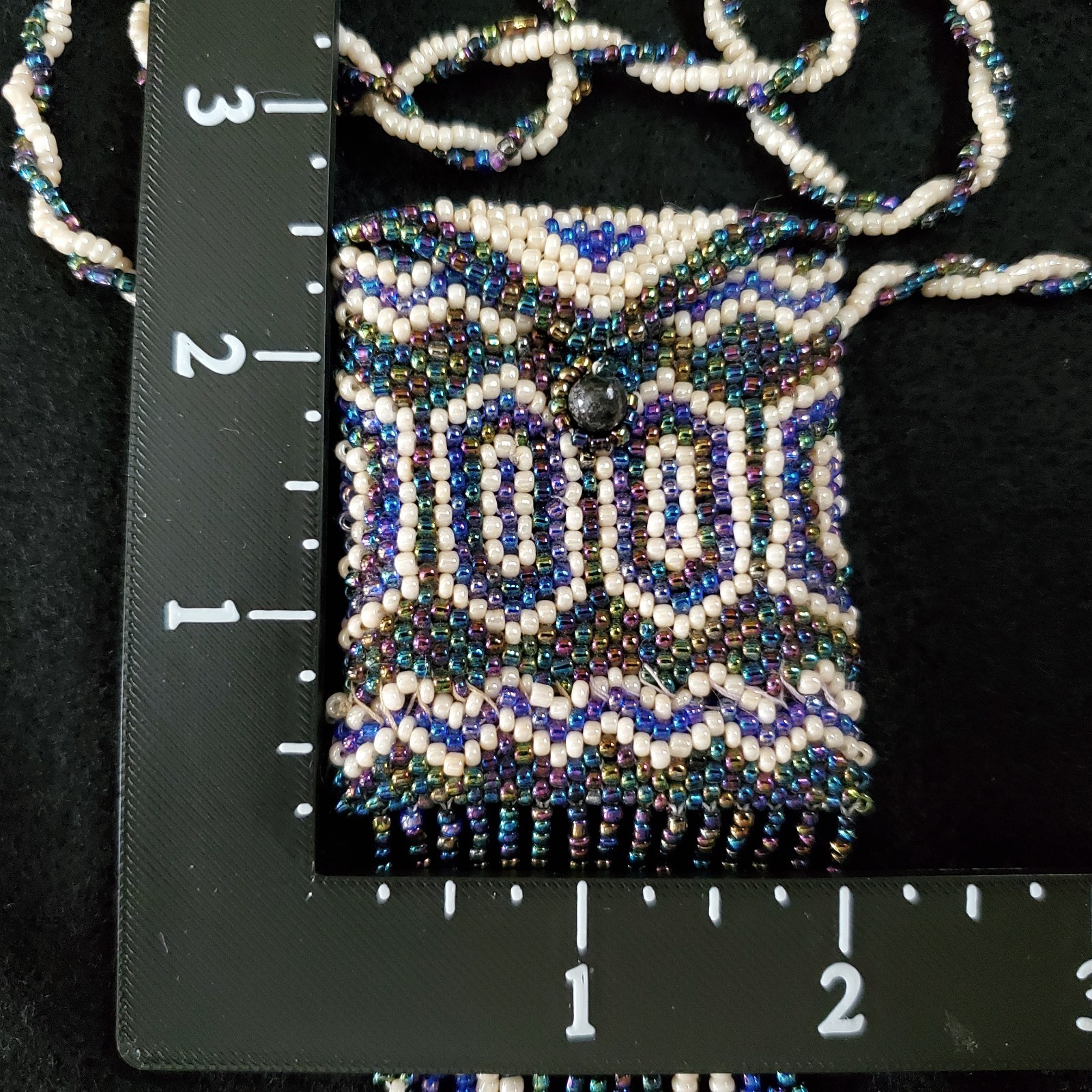 Vintage Mini Purse Necklace Seed Beaded Coin Pouch Artisan Oil Slick 24″ READ