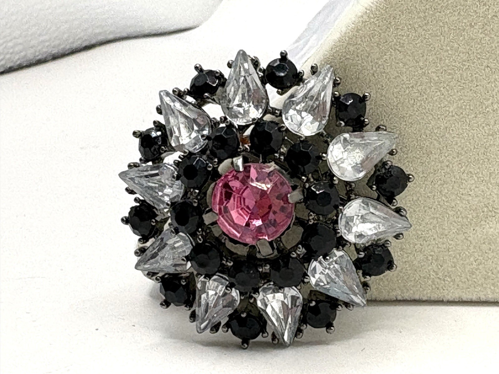 Black Clear & Pink Rhinestone Gun Metal Brooch