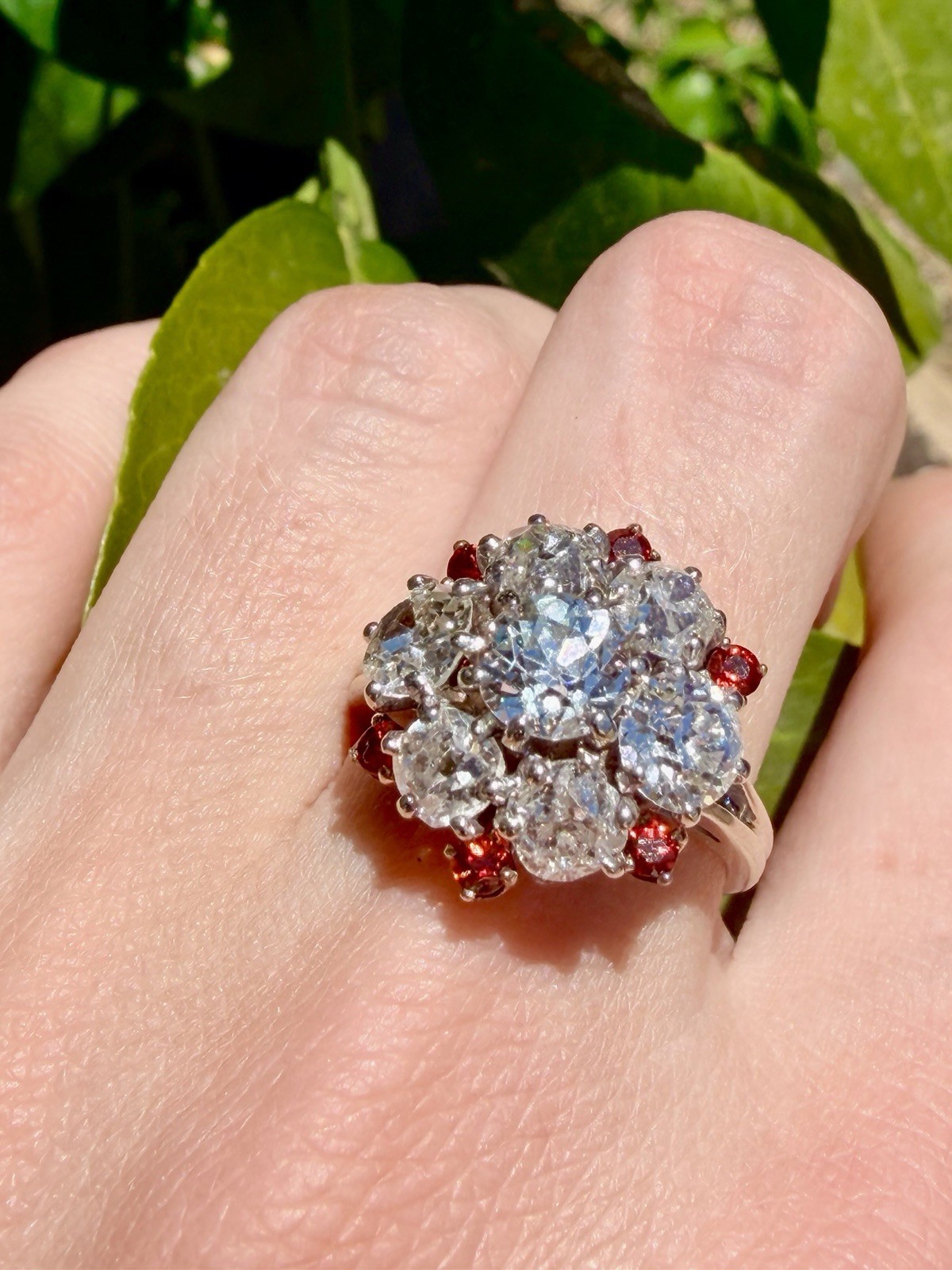 Rare Edwardian 4.43ct Old European Mine Cut Diamond Orange Sapphire Cluster Ring