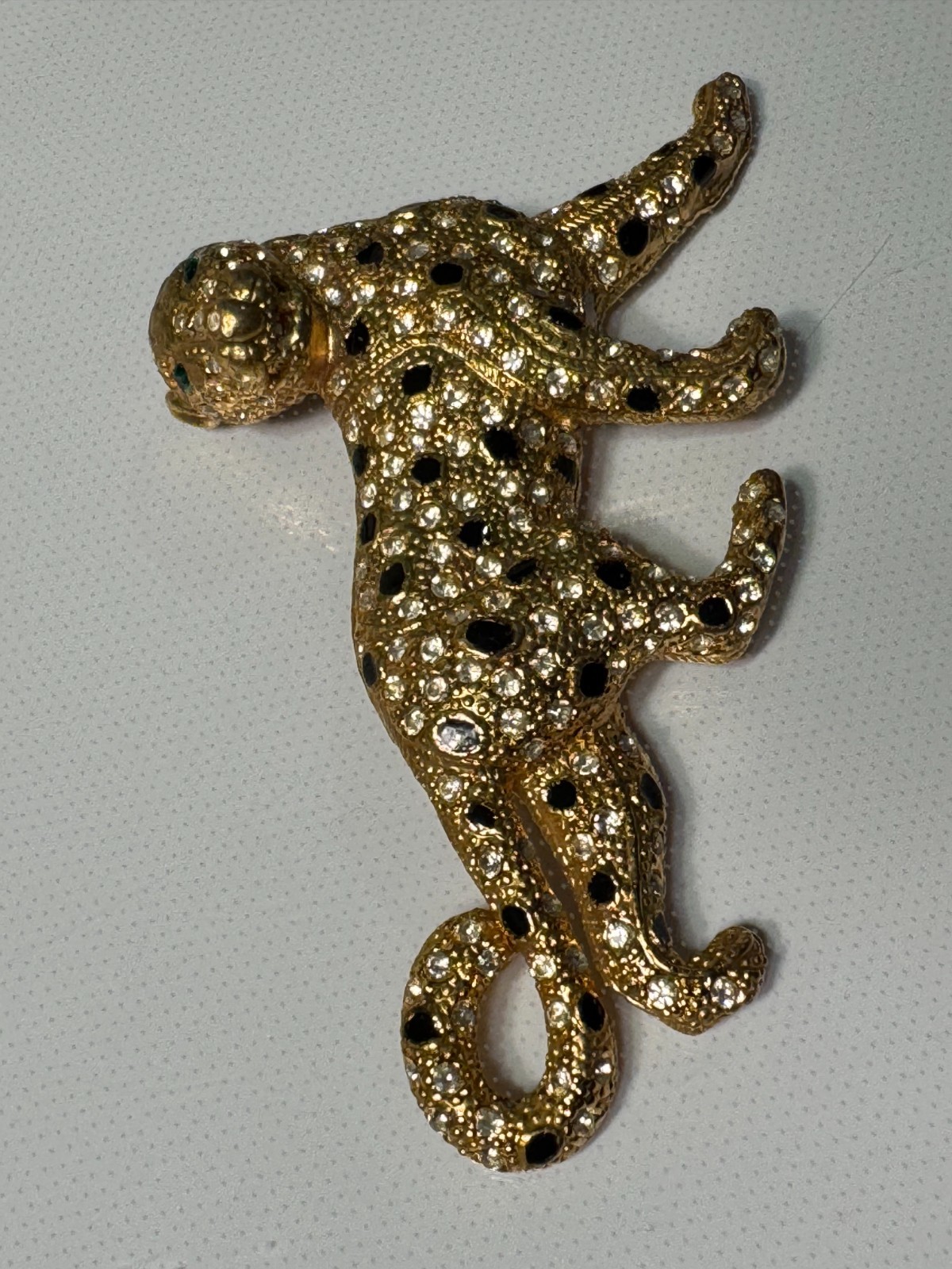 LARGE PANTHER BROOCH PIN GOLD TONE RHINESTONES BIG CAT BLUETTE FRANCE STYLE 4″
