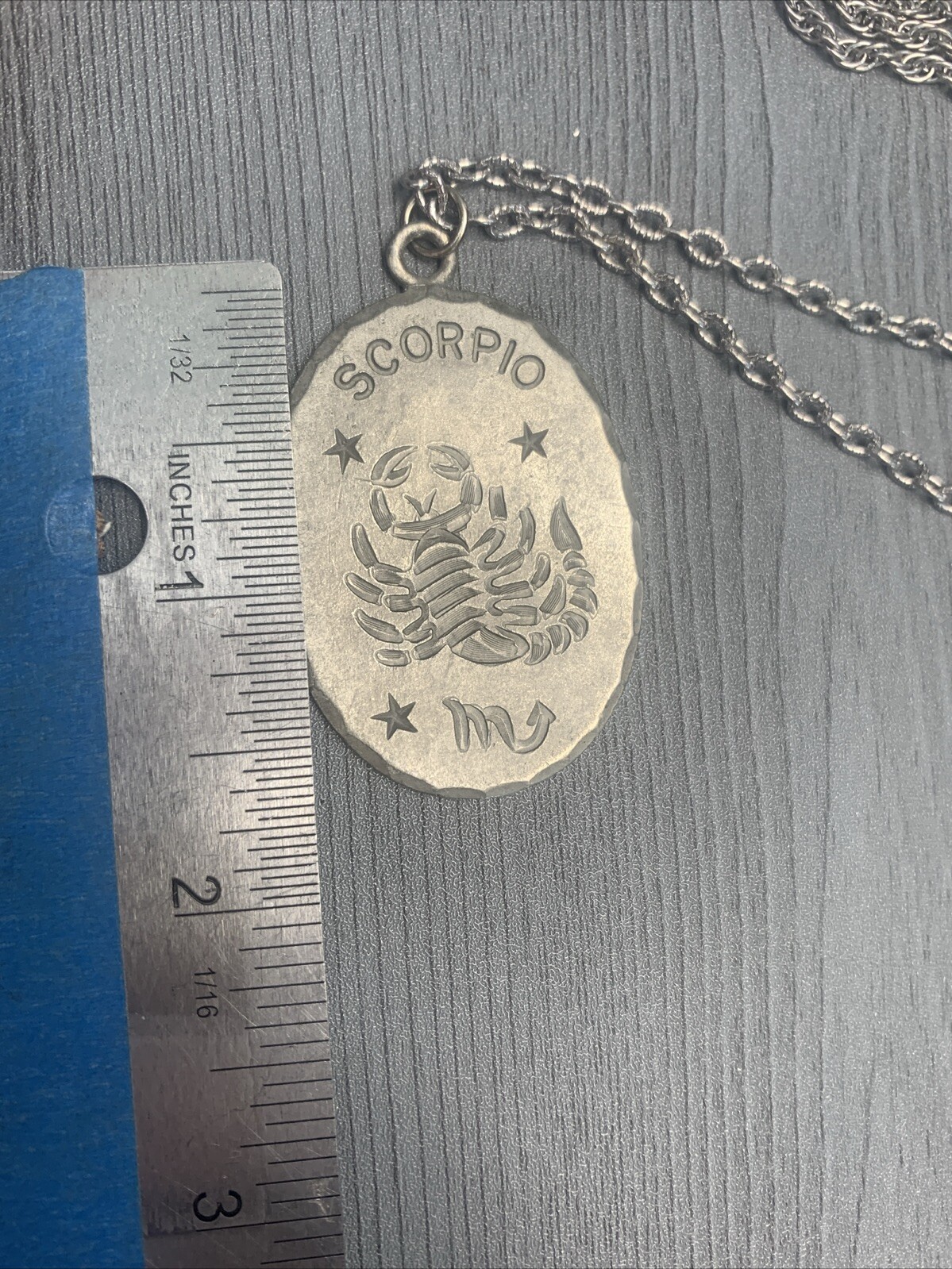 Vintage Pewter BDA Zodiac astrology Oval Scorpio Engraved Pendant Necklace 20”