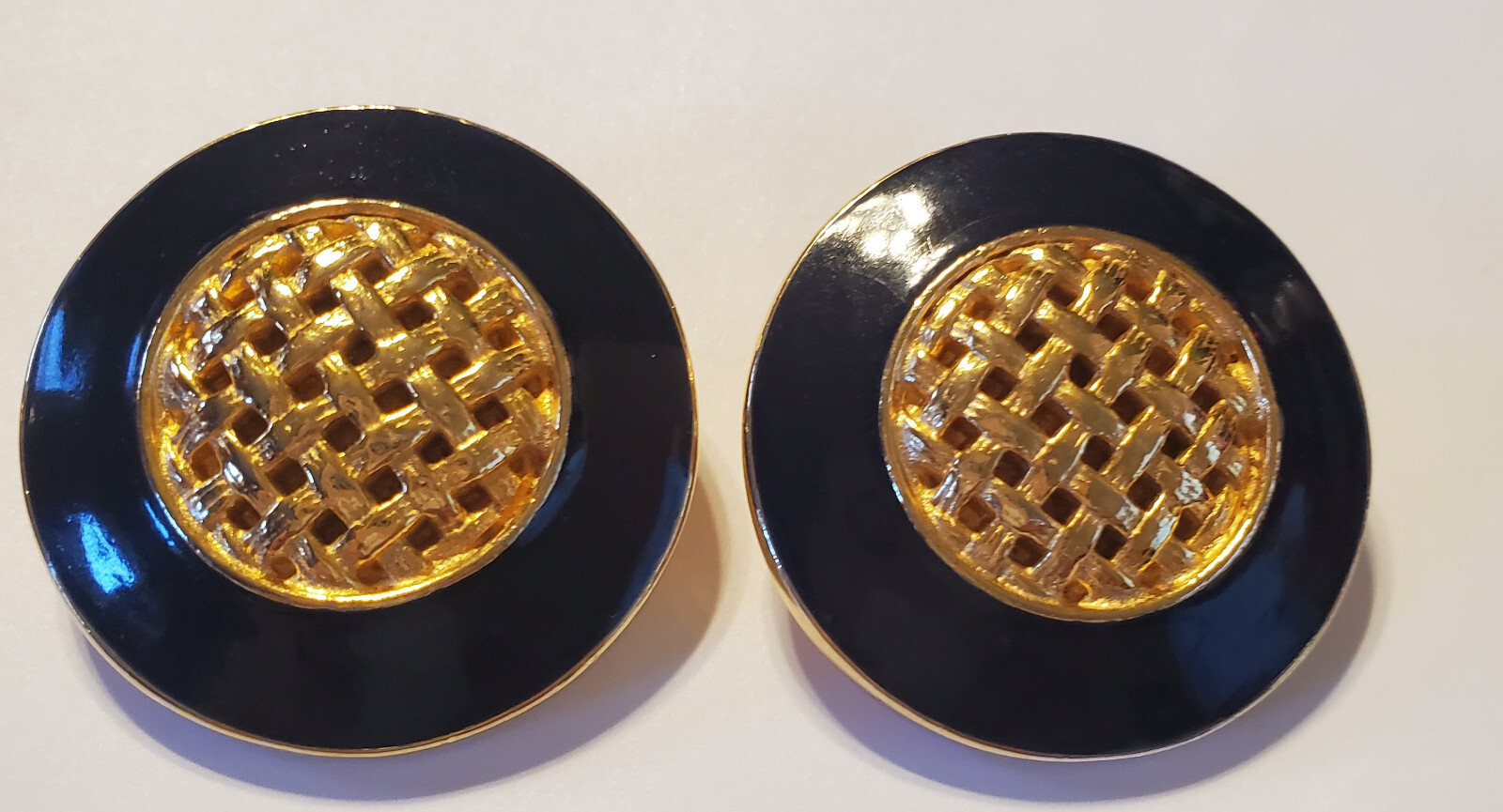 Classic & Signed- Gay Boyer Gold Tone Latice Black Enamel Clip Button Earrings