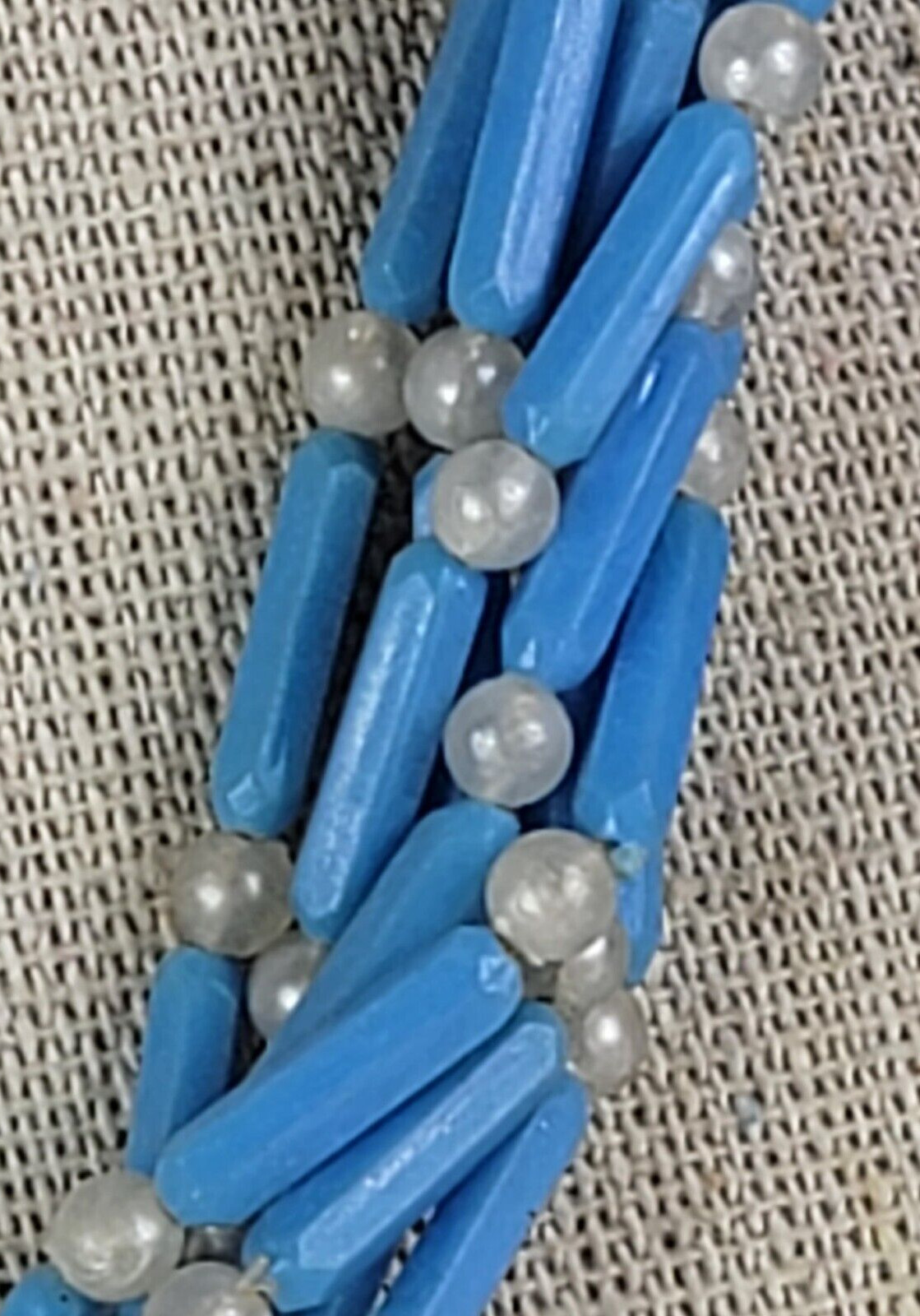 Vintage Hong Kong Blue And White Plastic Beaded Multi Strand Necklace 17.5 in