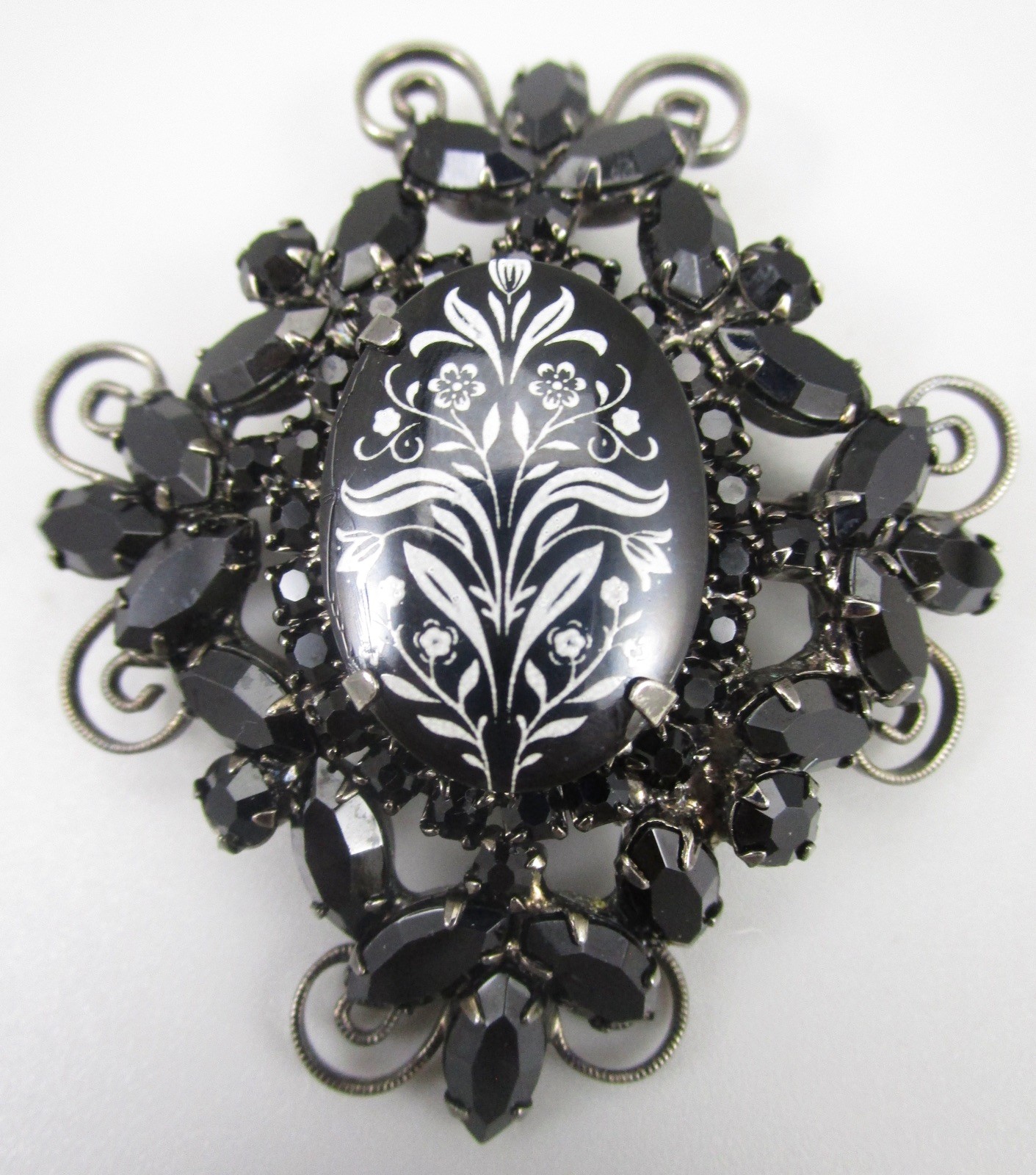 BEAUTIFUL DELIZZA & ELSTER JULIANA JAPANNED JET RHINESTONE ART GLASS BROOCH PIN