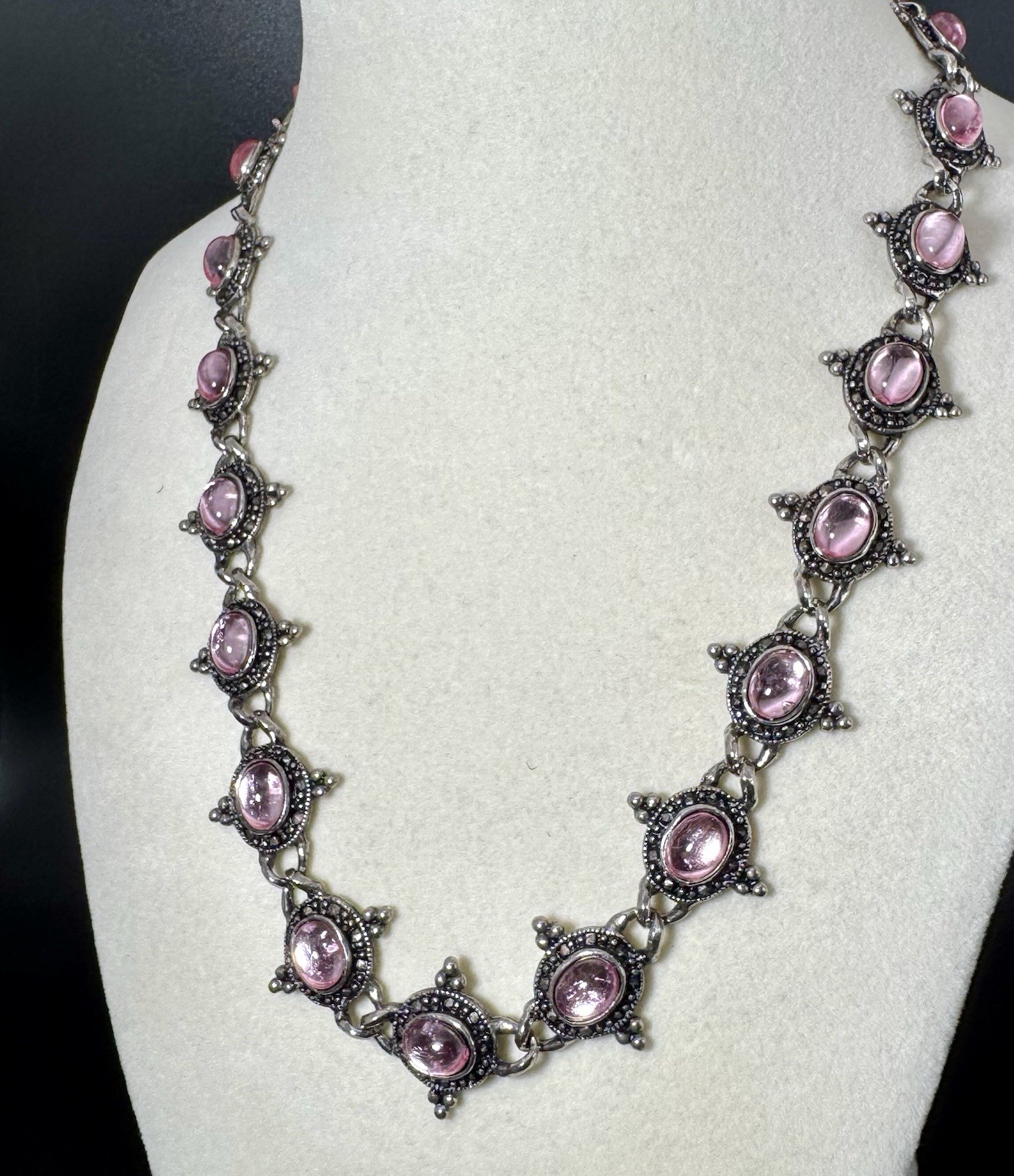 Vintage Silver Beaded & Marcasite Collar Necklace, Bezel Set With Pink Cabochons