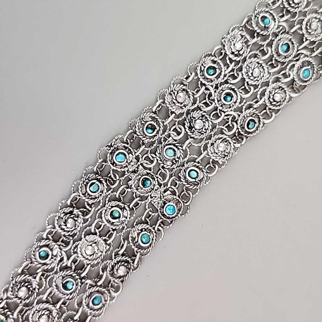 Vintage Cannetille Bracelet Blue Bead Silver Tone Chain Slide Clasp Filigree 6.5