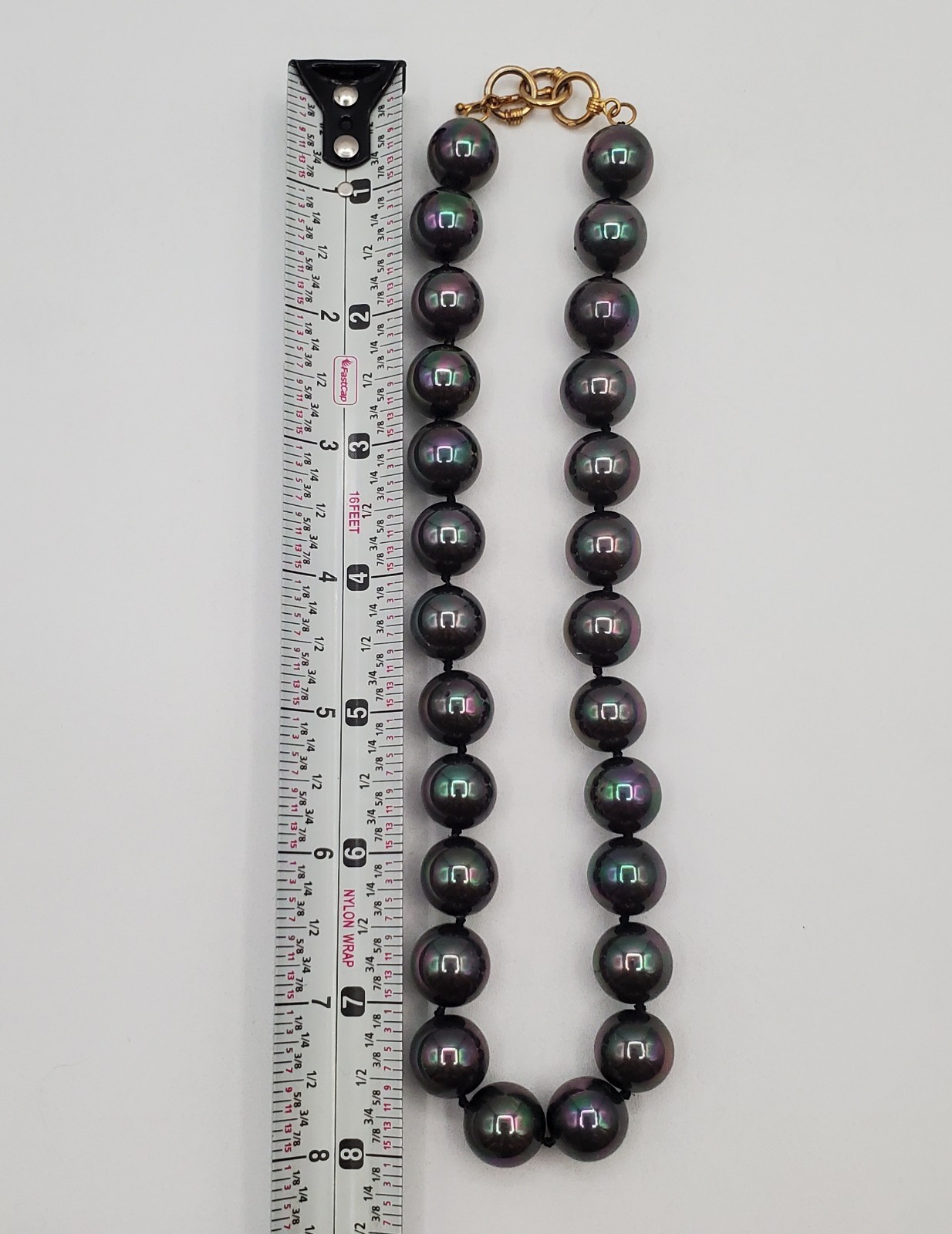 VTG 925 Vermeil Peacock Faux Pearl Necklace 12mm Gray Green Purple Hand Knotted